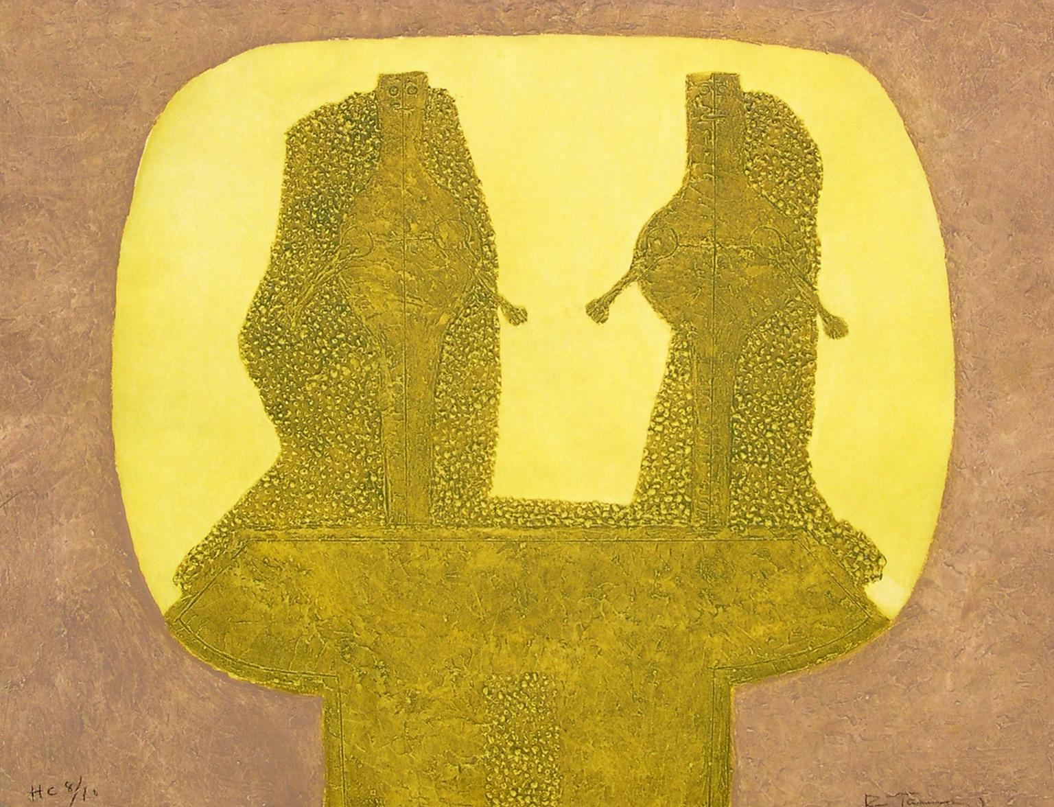 "Dos Figuras en Ochre" by Rufino Tamayo is a Figurative Abstraction Mixographia limited edition measuring 22x24 in. The piece is framed beautifully with a white matt and gold frame . Rufino Tamayo is an etching made in 1994.  It is signed by the