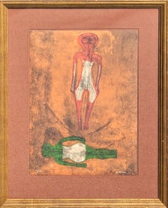 “Dos Figuras” Modern Abstract Earth Toned Figurative Lithograph Ed. 32/75