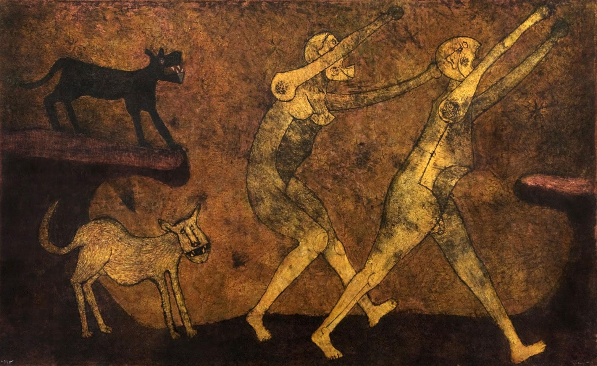 "Dos Personajes Atacado Per Perros", Rufino Tamayo, Mixographia, 61x98, Moderno