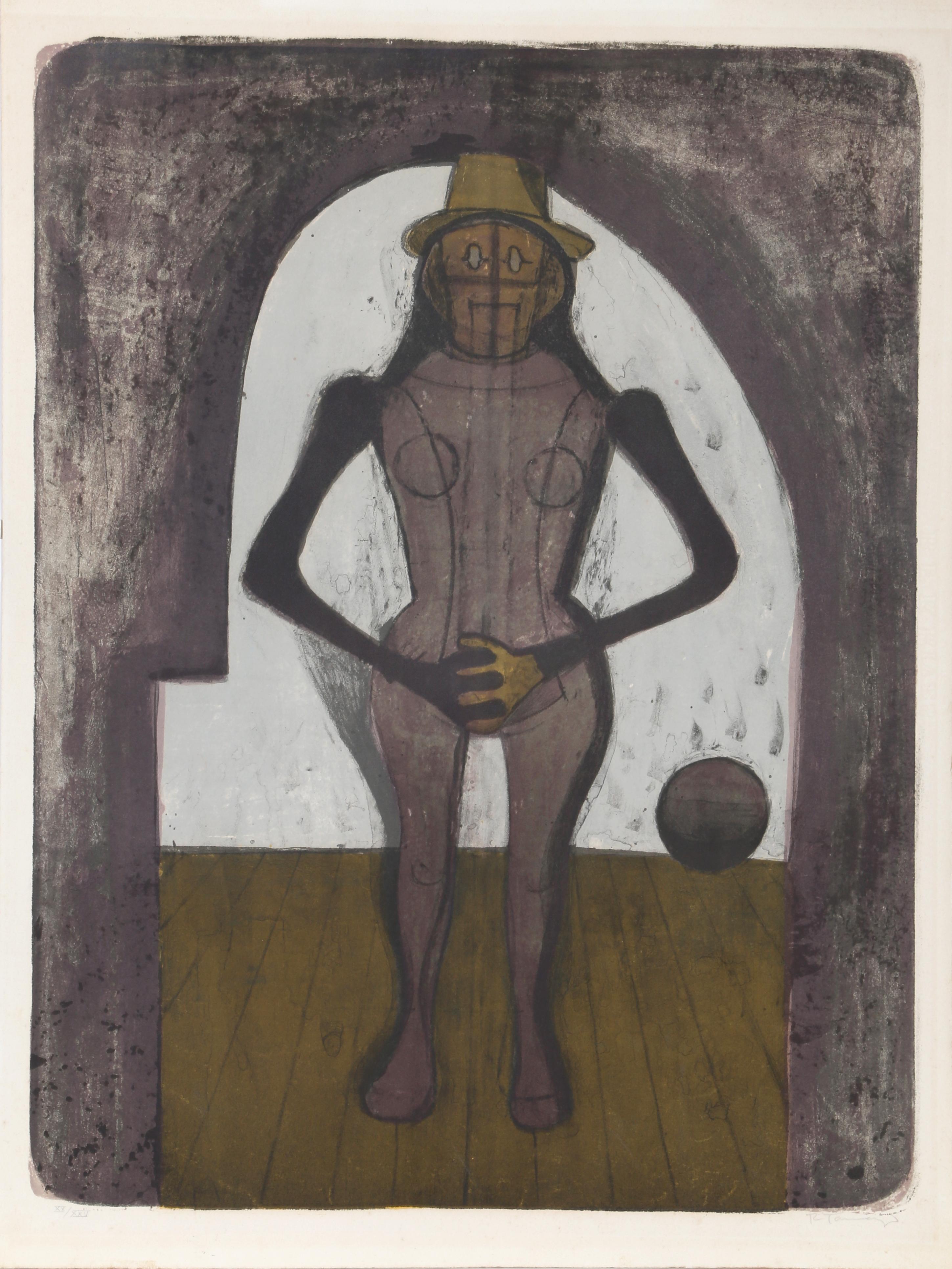 Il titolo di quest'opera dell'artista surrealista messicano Rufino Tamayo si traduce in "Donna con collant rosa". La litografia, firmata e numerata, fa parte della suite Mujeres, un portfolio di 16 litografie che ritraggono donne in una miriade di