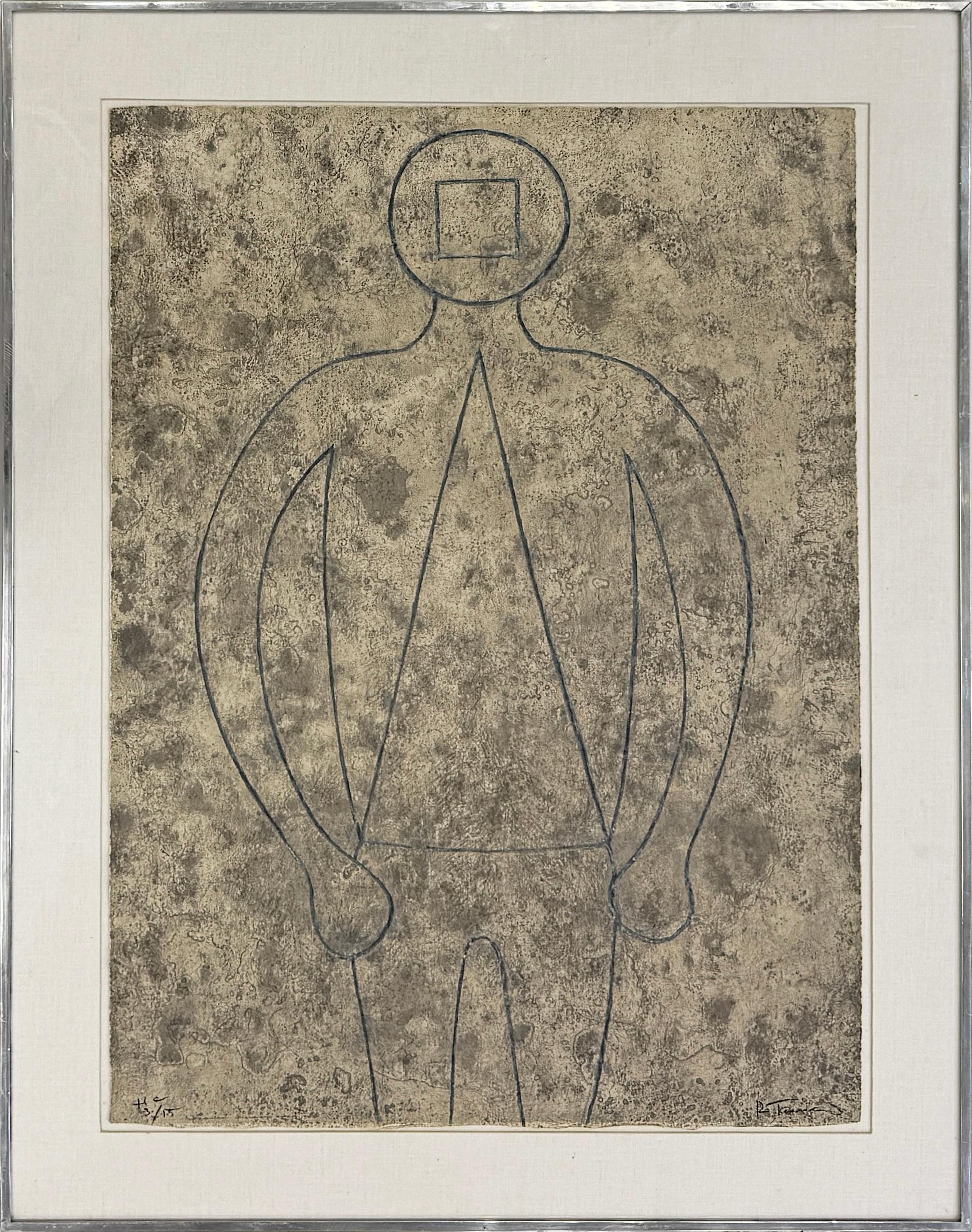 Rufino Tamayo Figurative Print – FIGURA DE HOMBRE EN AZUL CON FONDO GRIS