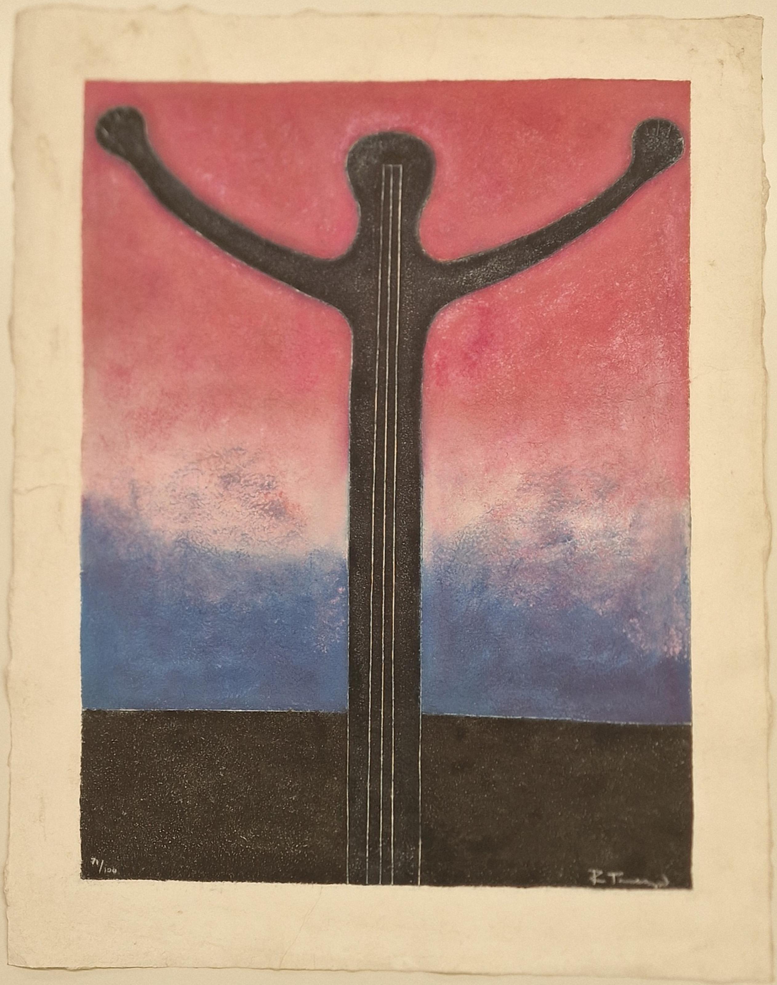 Rufino Tamayo, Mexican (1899 - 1991) -  Hombre con Brazos Abiertos. Year: 1984, Medium: Mixograph, signed and numbered in pencil, Edition: 71/100, Size: 35.5 x 26.75 in. (90.17 x 67.95 cm), Printer: Taller de Grafica Mexicana, Reference: Pereda 325,