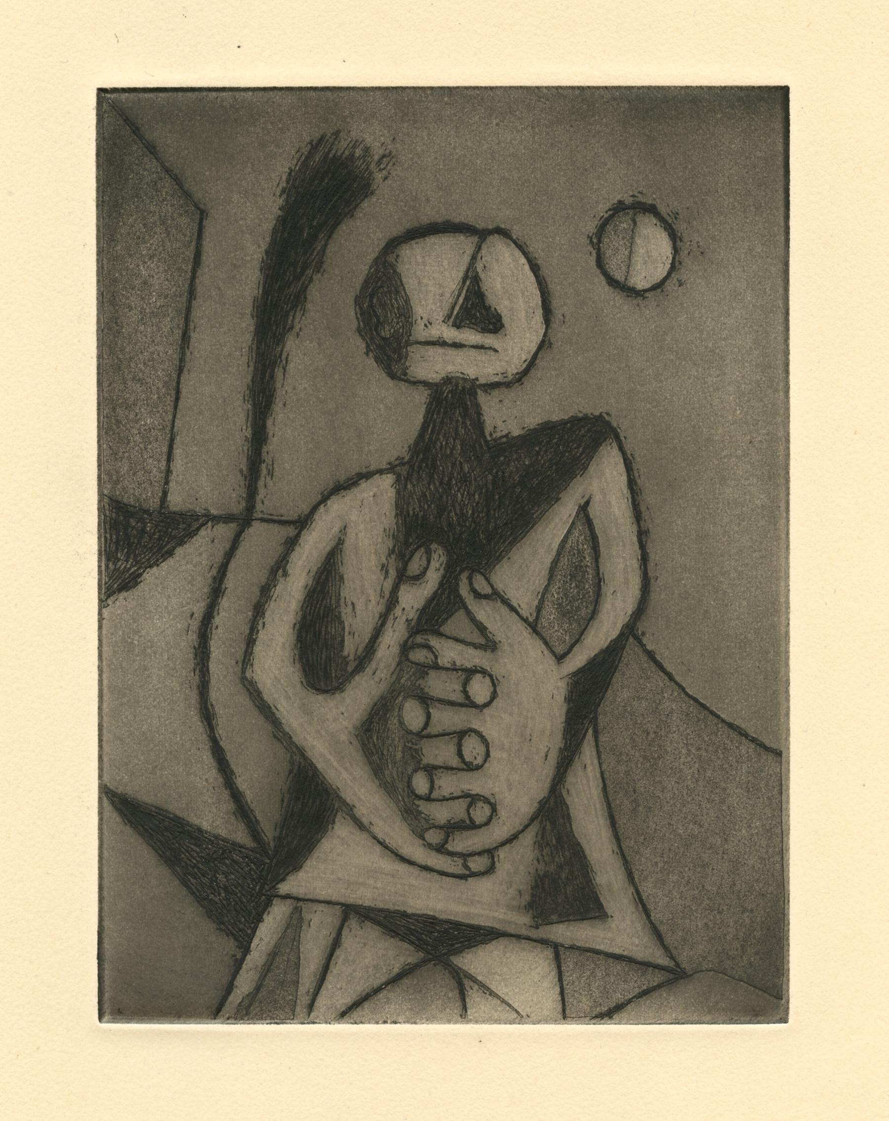 "Hombre contemplando la luna" original etching - Print by Rufino Tamayo