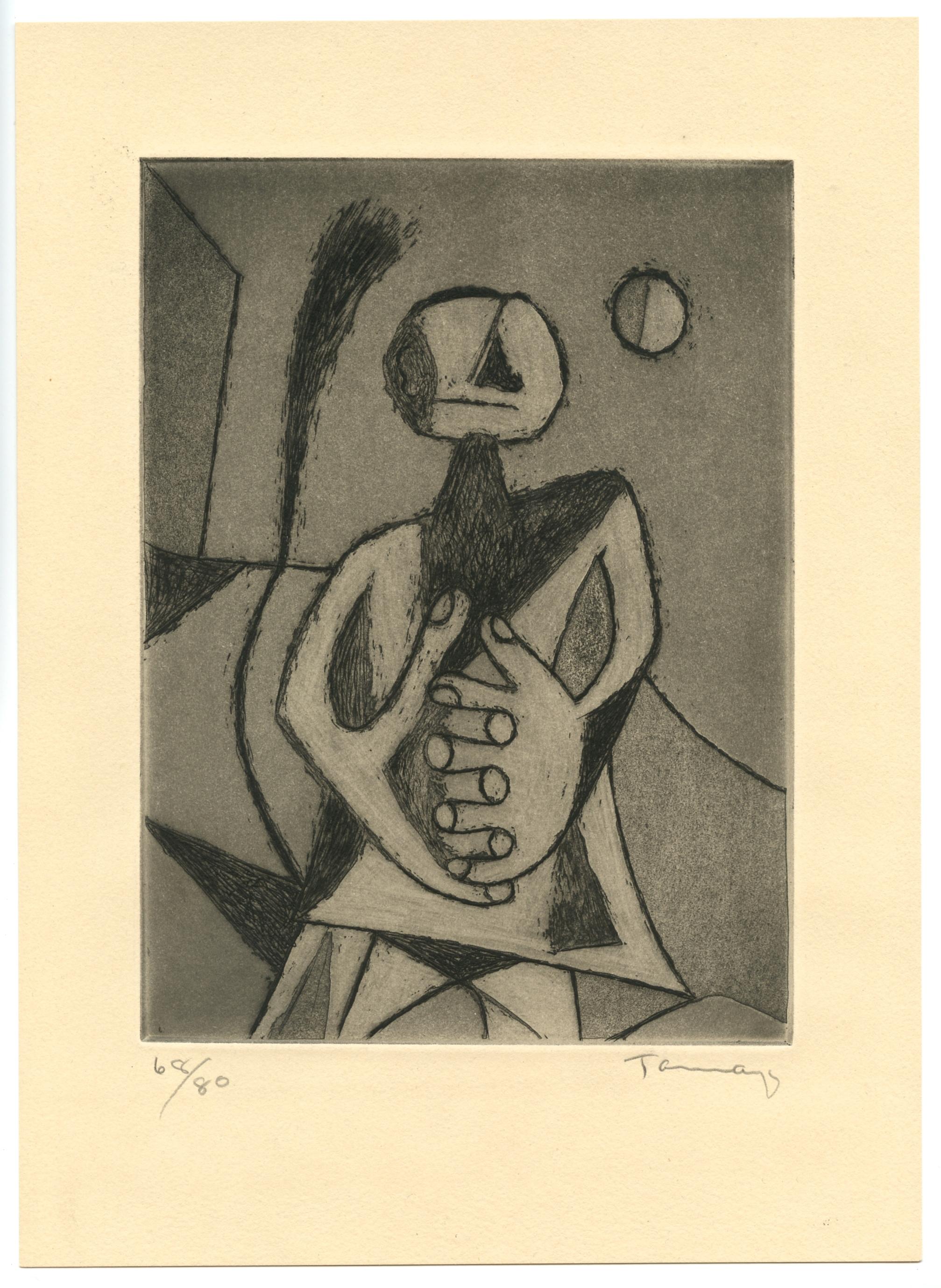 "Hombre contemplando la luna" signed / numbered original etching - Print by Rufino Tamayo