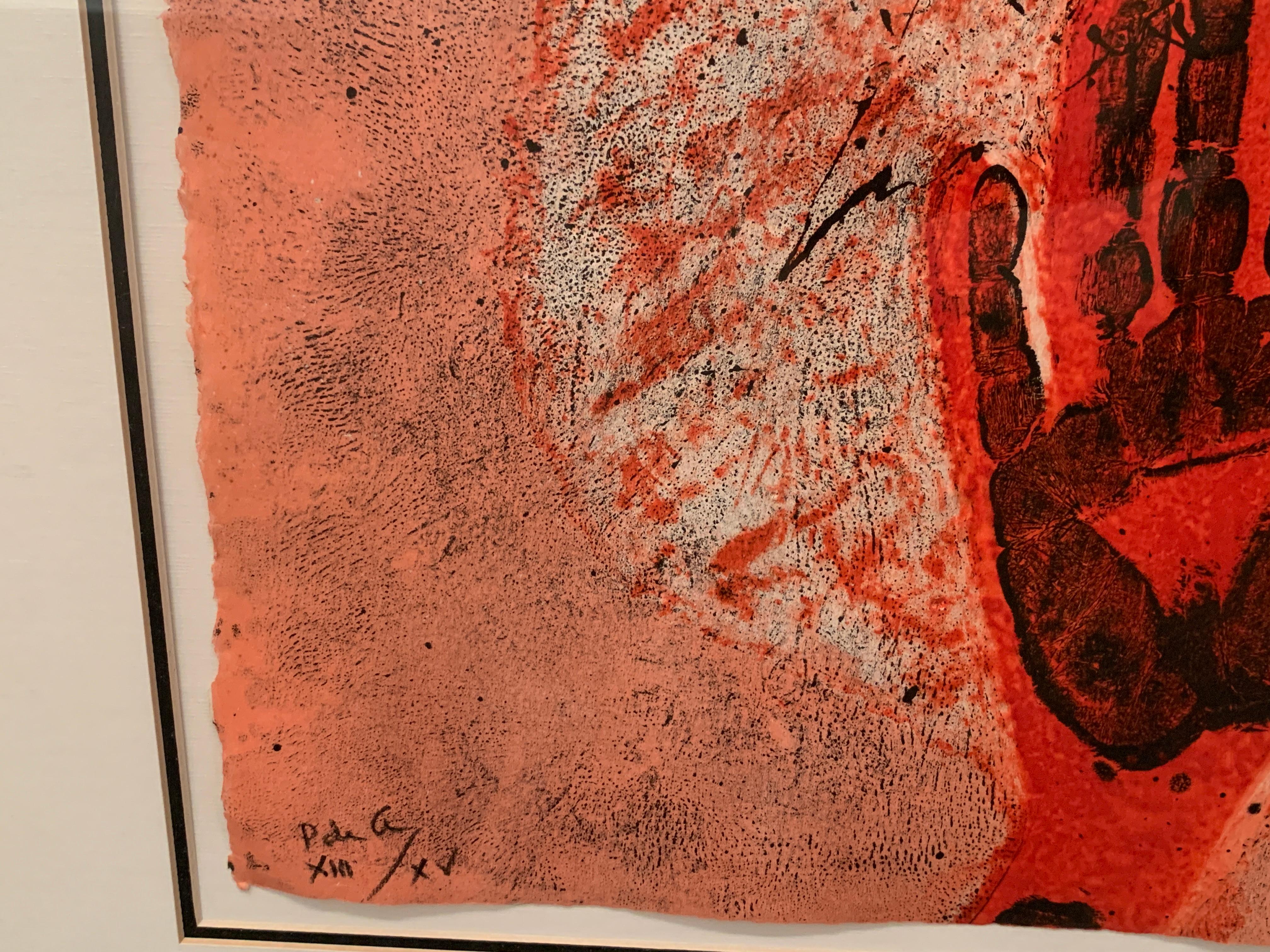 « Manos en Rojo », Rufino Tamayo, mains rouges, abstraction, eau-forte, 22 x 30 pouces en vente 3