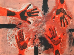 "Manos en Rojo", Rufino Tamayo, Red Hands, Abstraction, Etching, 22x30 in.