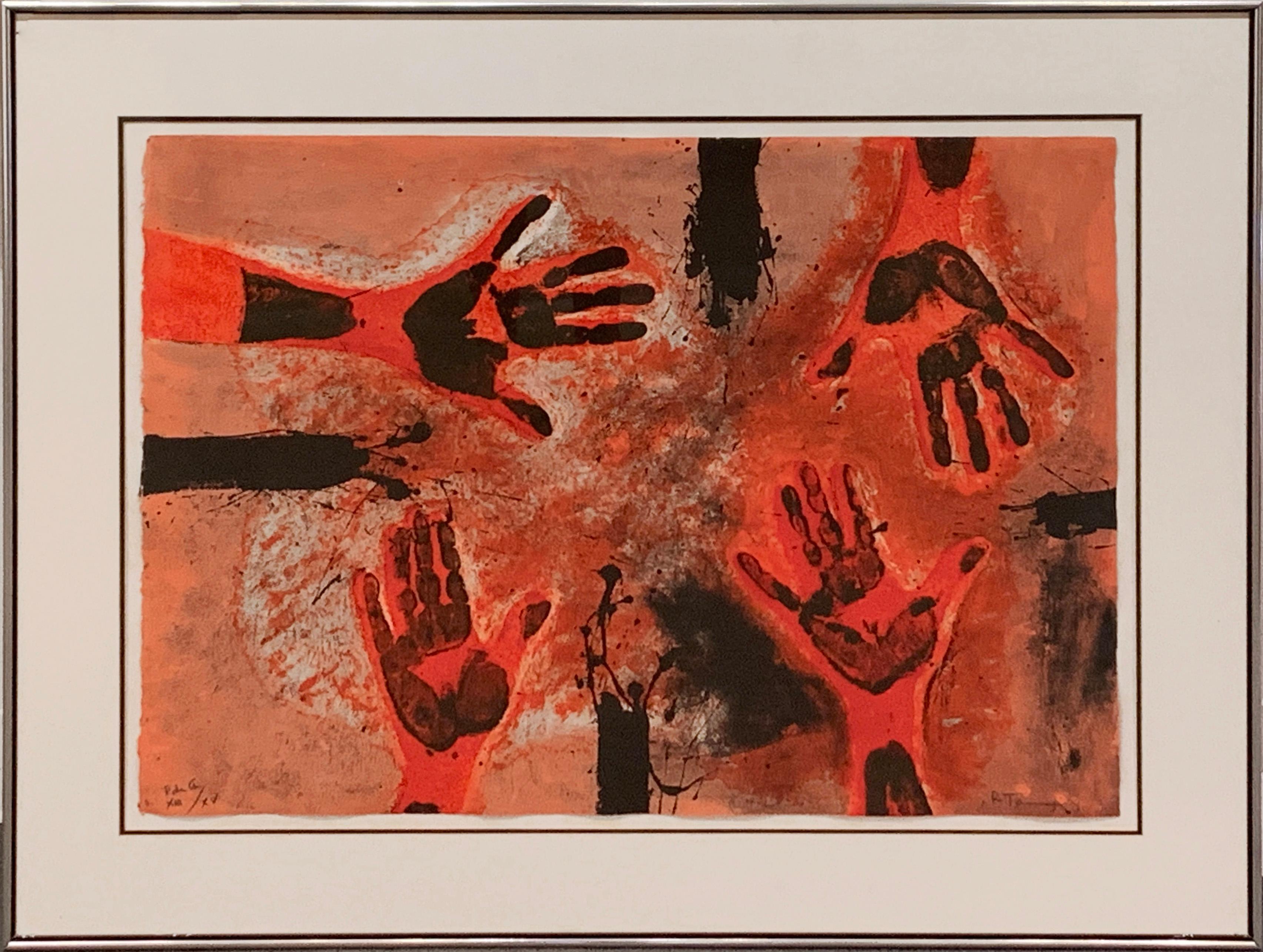 « Manos en Rojo », Rufino Tamayo, mains rouges, abstraction, eau-forte, 22 x 30 pouces en vente 1