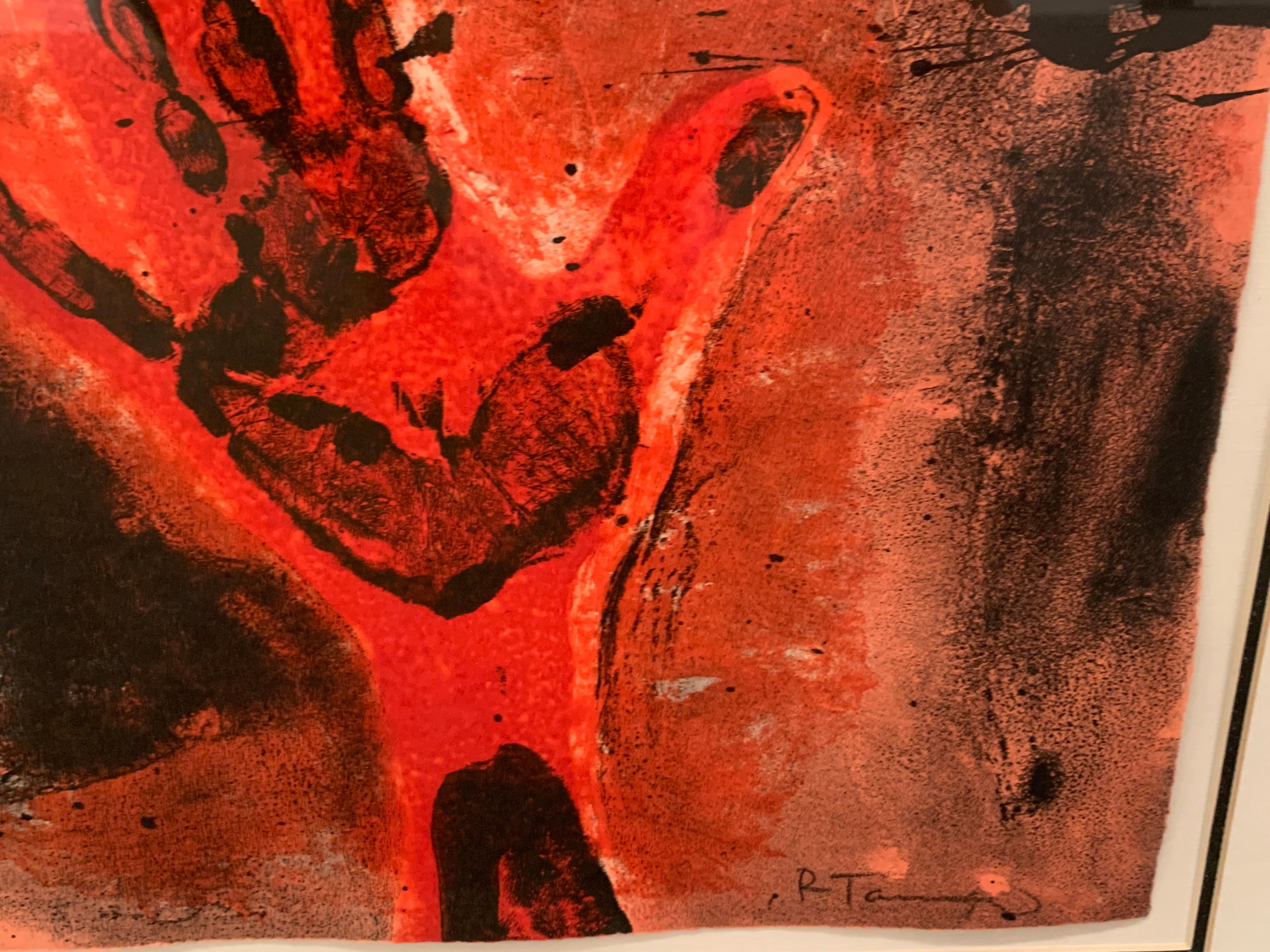 « Manos en Rojo », Rufino Tamayo, mains rouges, abstraction, eau-forte, 22 x 30 pouces en vente 2