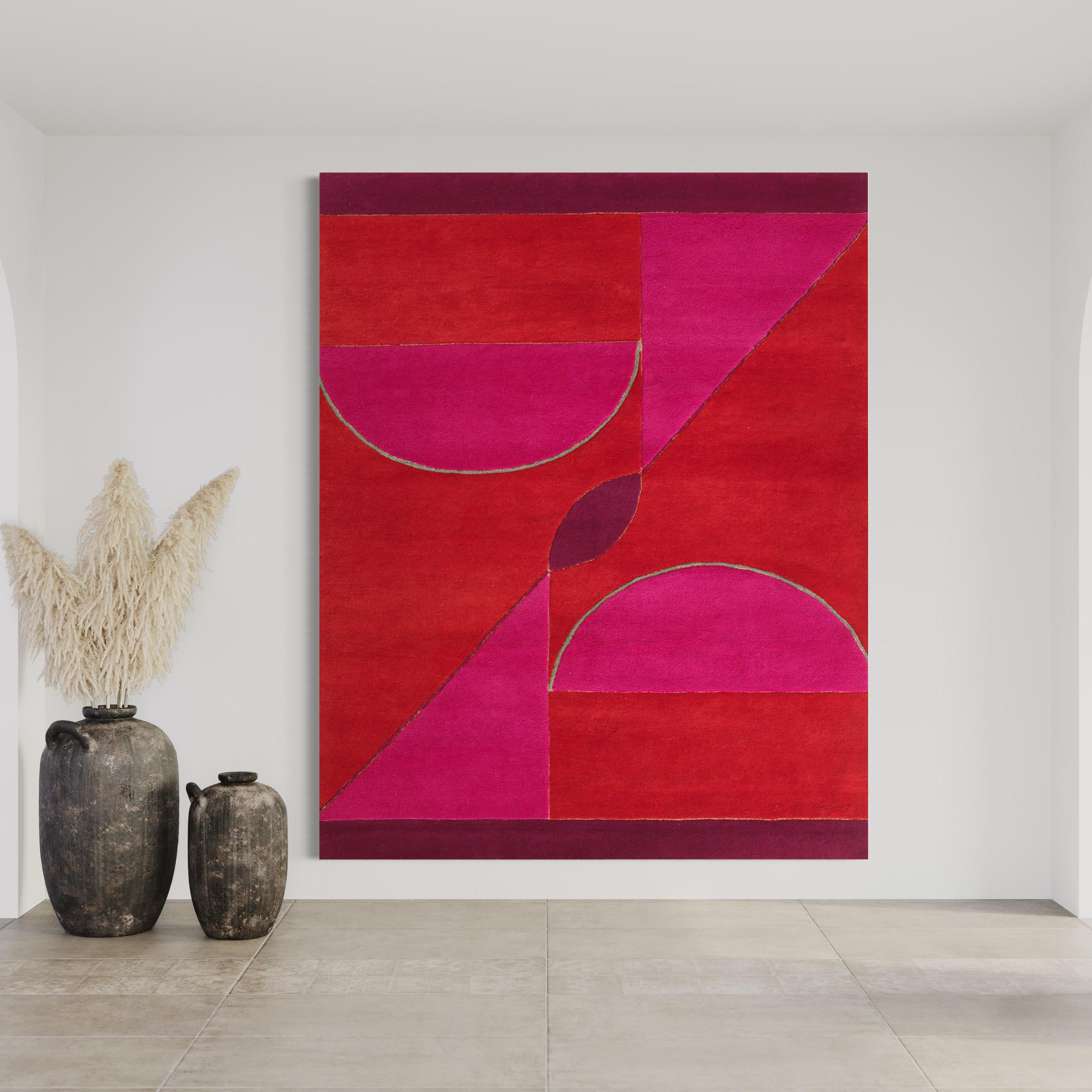 Rufino Tamayo
Sandías (Watermelon)
Tapestry, 1975 ca
244 x 195 cm (96 x 76.7 in)
Verso of seam with embroidered name Tamayo and copyright note. 
Wool carpet after a design by Rufino Tamayo. Verso of upper and lower border with hanger.
The artwork is