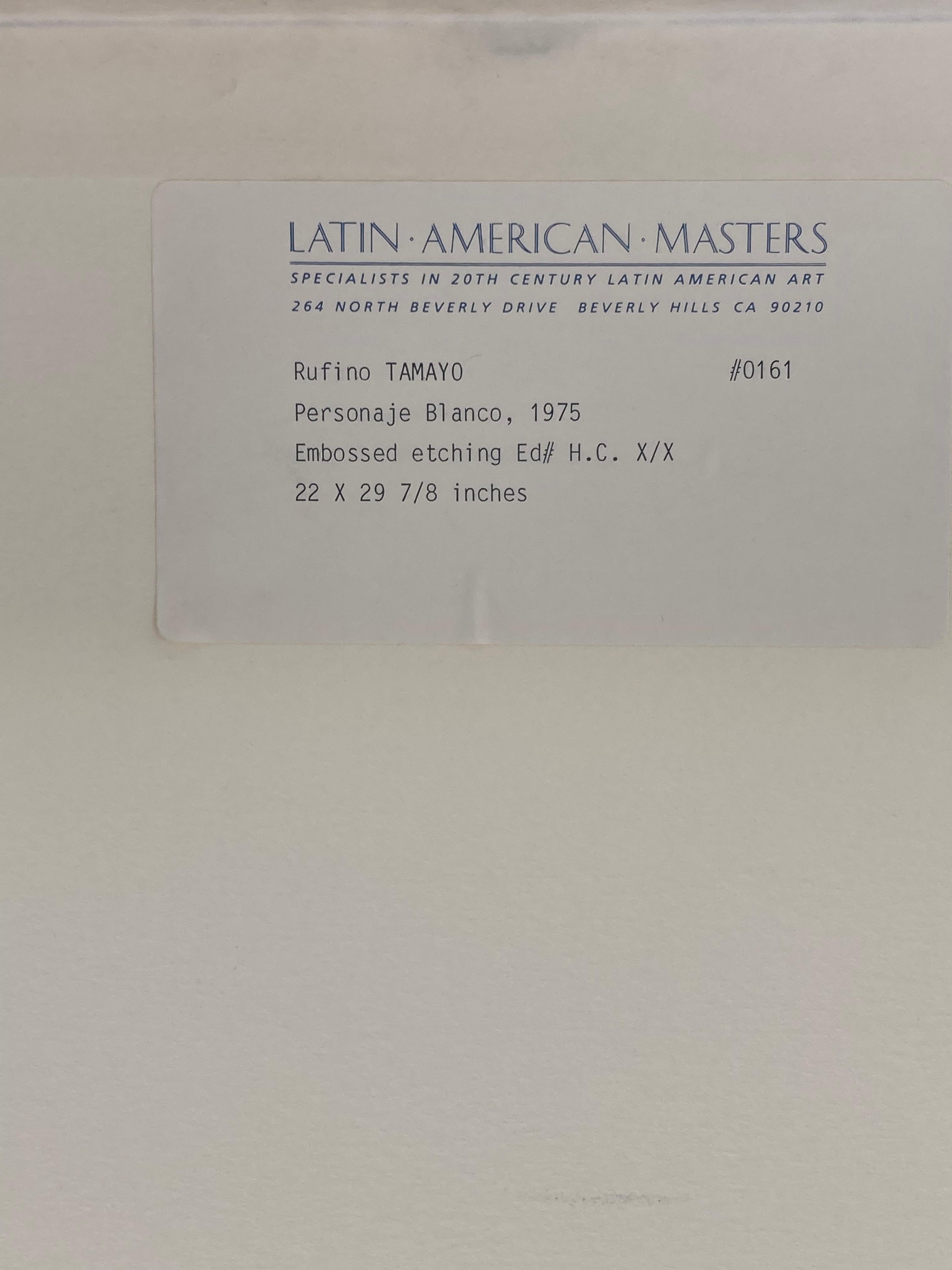 Rufino Tamayo, Geprägte Radierung, Mischung, „Personaje Blanco“, signiert, nummeriert (Ende des 20. Jahrhunderts)