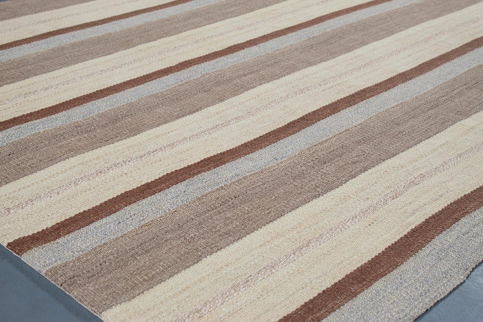 Contemporary Mid-Century Modern Style Minimalist Striped Flatweave Rug  For Sale