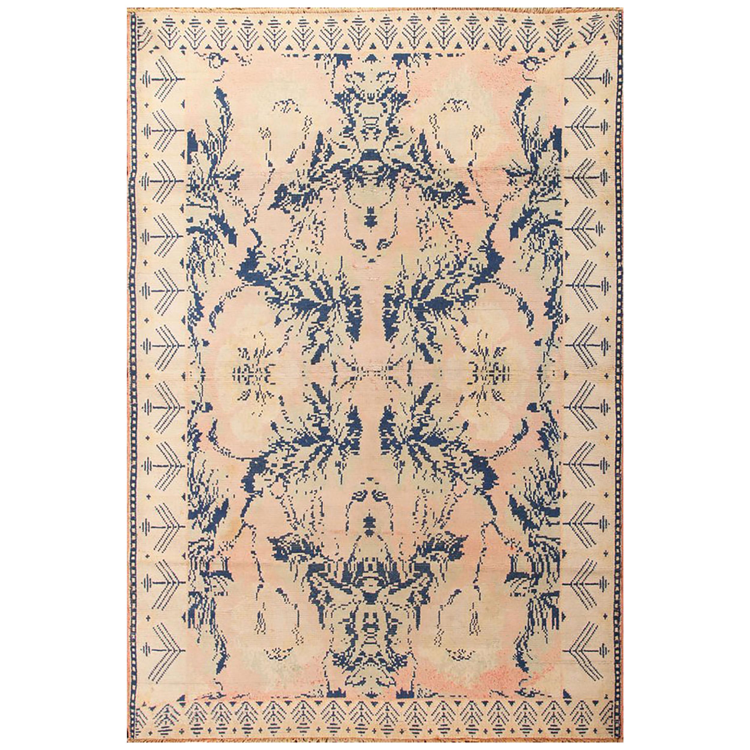 Rug and Kilim’s Antique Agra Rug in Blue Cream Floral Pattern by Rug & Kilim