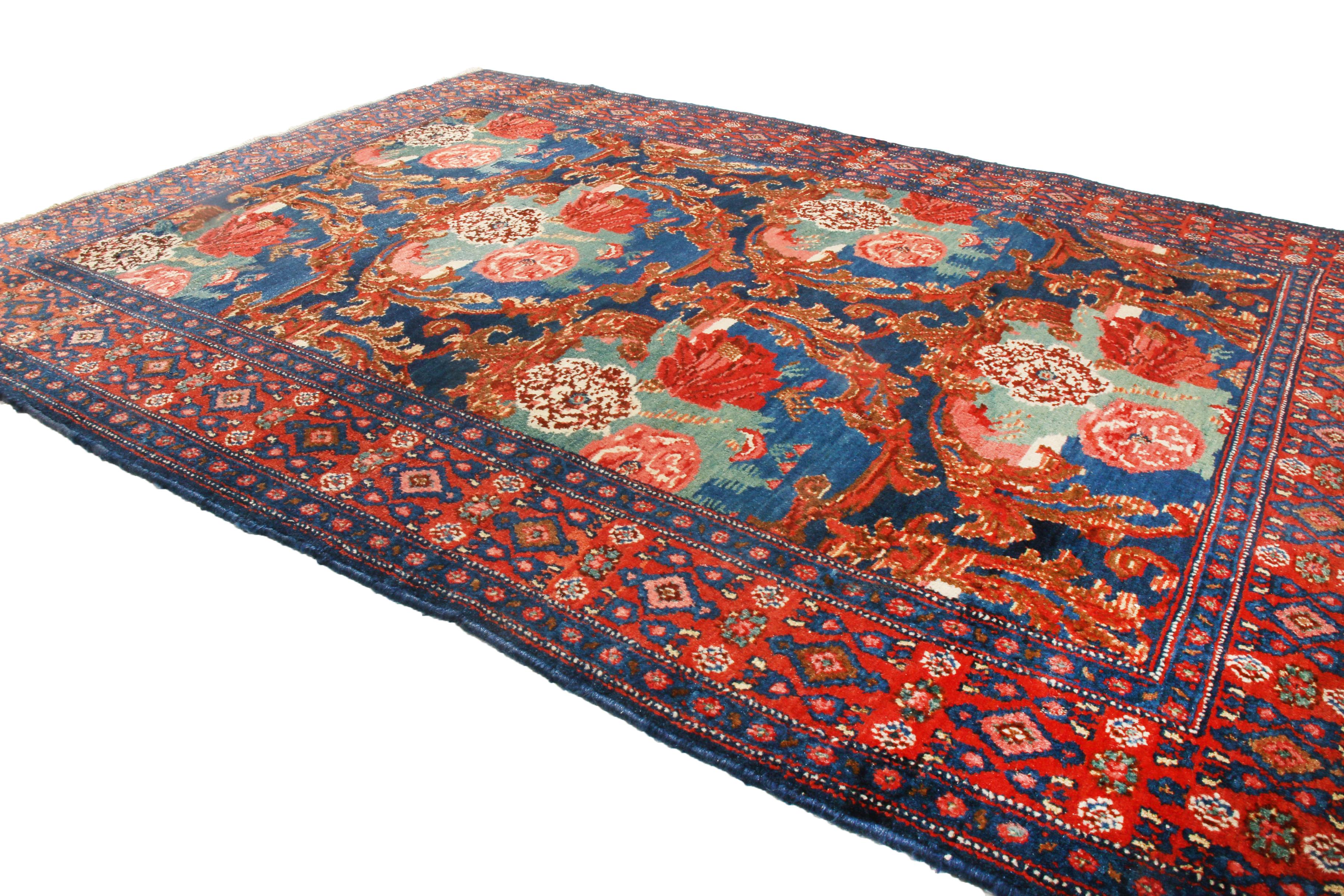 Art Deco Antique Senneh Traditional Crimson Red and Blue Floral Pattern by Rug & Kilim For Sale