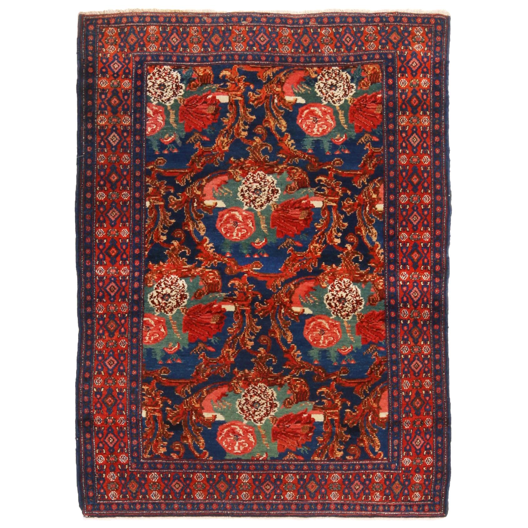 Antique Senneh Traditional Crimson Red and Blue Floral Pattern by Rug & Kilim For Sale