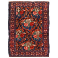 Antique Senneh Traditional Crimson Red and Blue Floral Pattern by Rug & Kilim