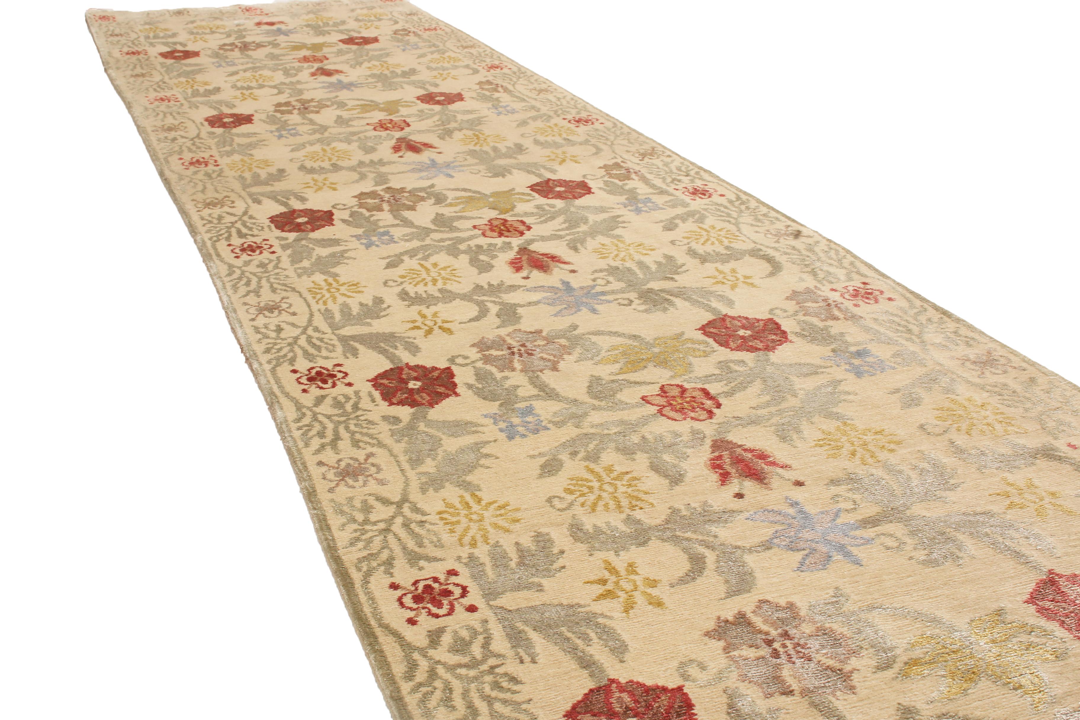 Spanish Colonial Rug & Kilim's Bilbao Spanish Design Beige Floral Wool-Silk Runner For Sale