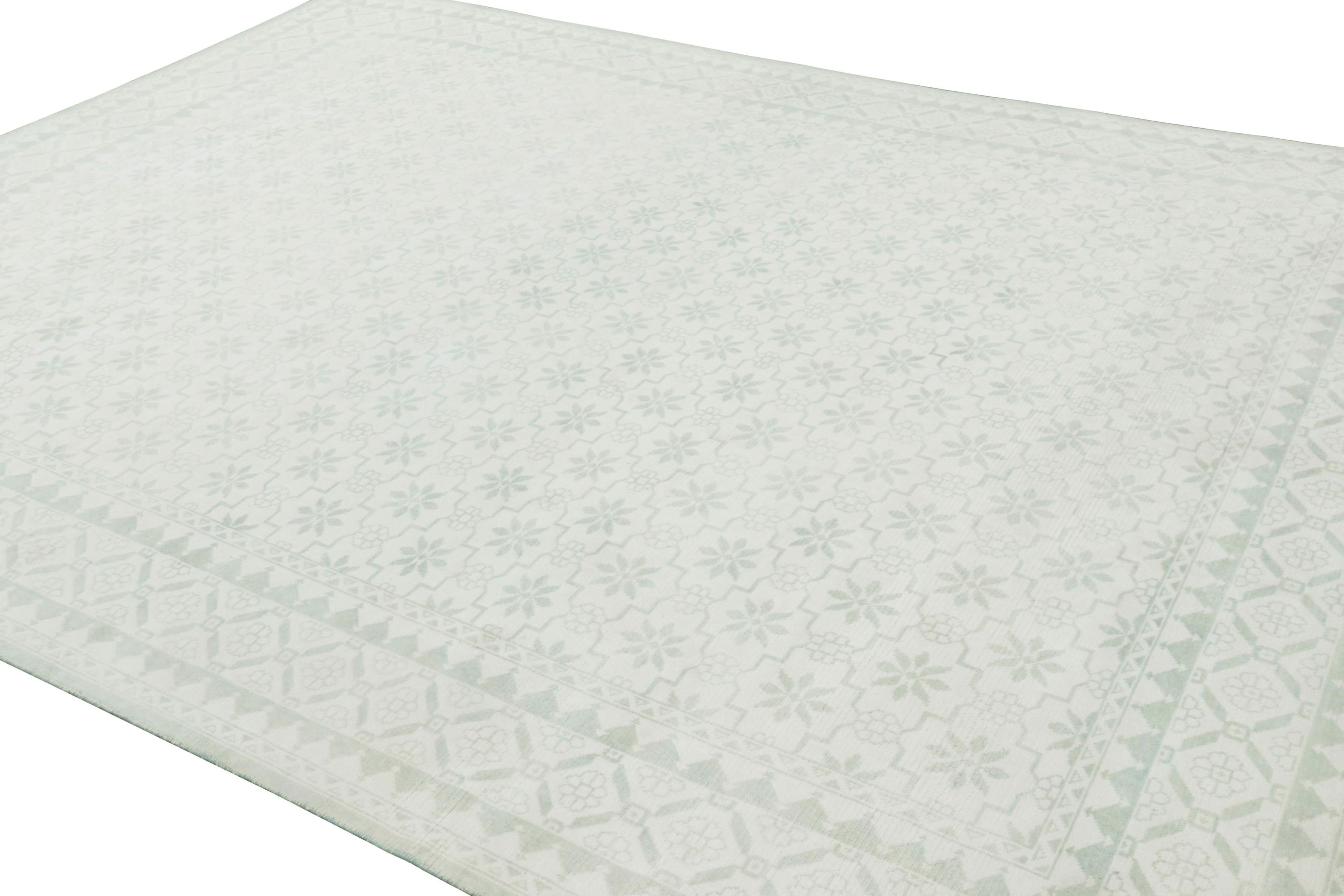 Hand-Knotted Rug and Kilim’s Dhurrie Style Rug in White and Green with Floral Patterns For Sale