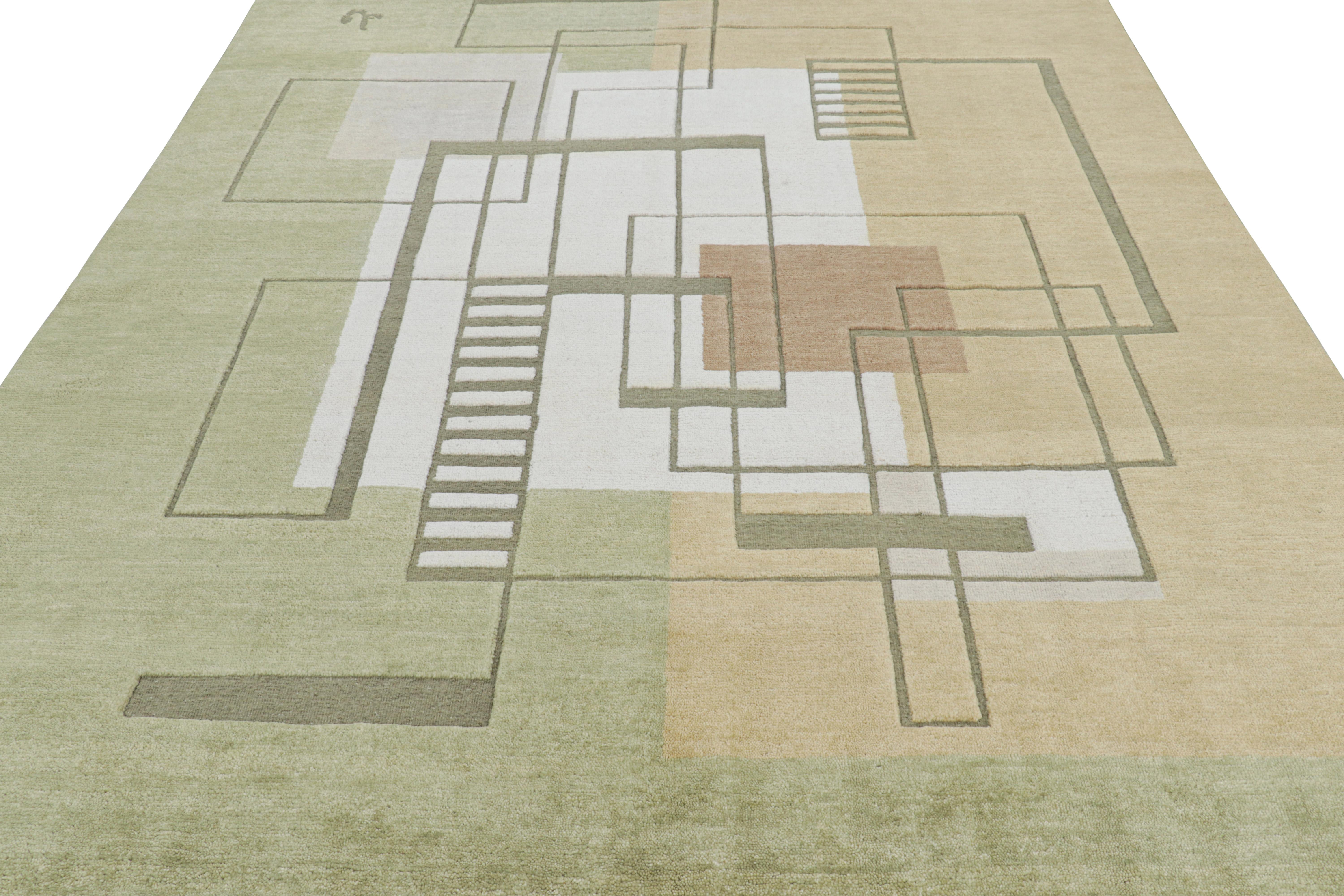 Indian Rug & Kilim’s Scandinavian Style Rug in Green with High-Low Geometric Patterns For Sale