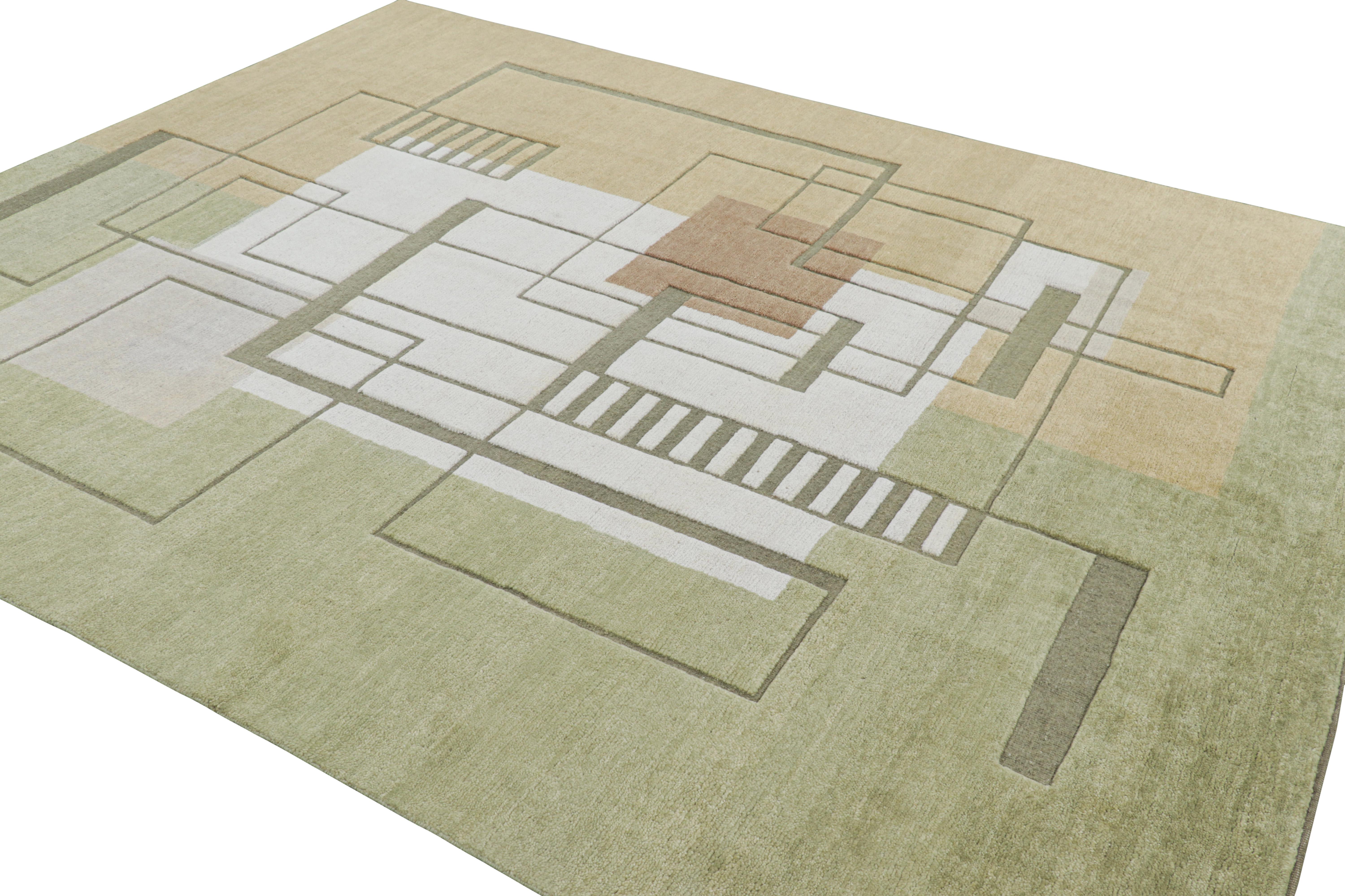 Hand-Knotted Rug & Kilim’s Scandinavian Style Rug in Green with High-Low Geometric Patterns For Sale