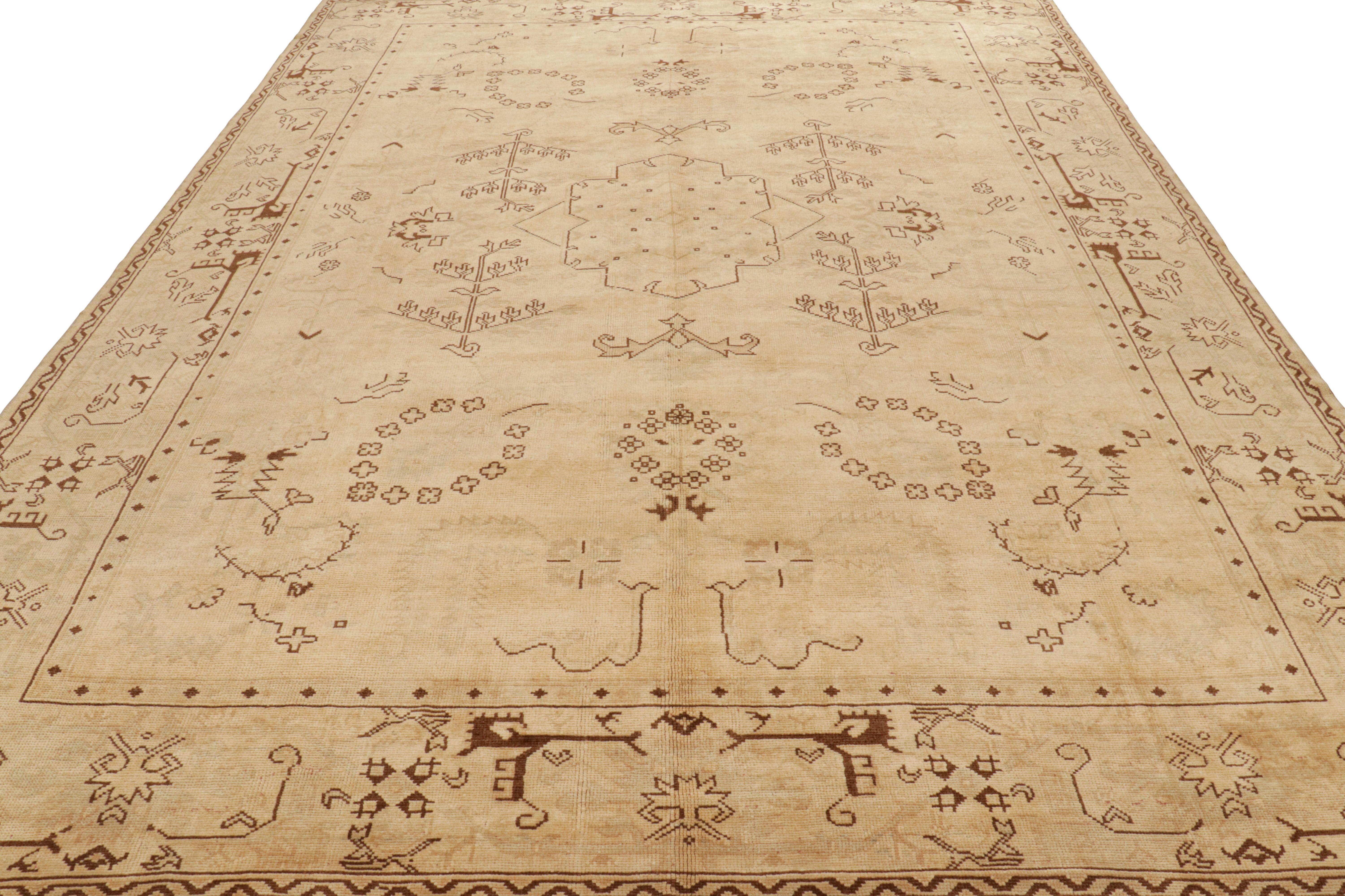 Hand-Knotted Rug and Kilim’s Vintage Oushak Rug in Beige and Yellow Floral Pattern