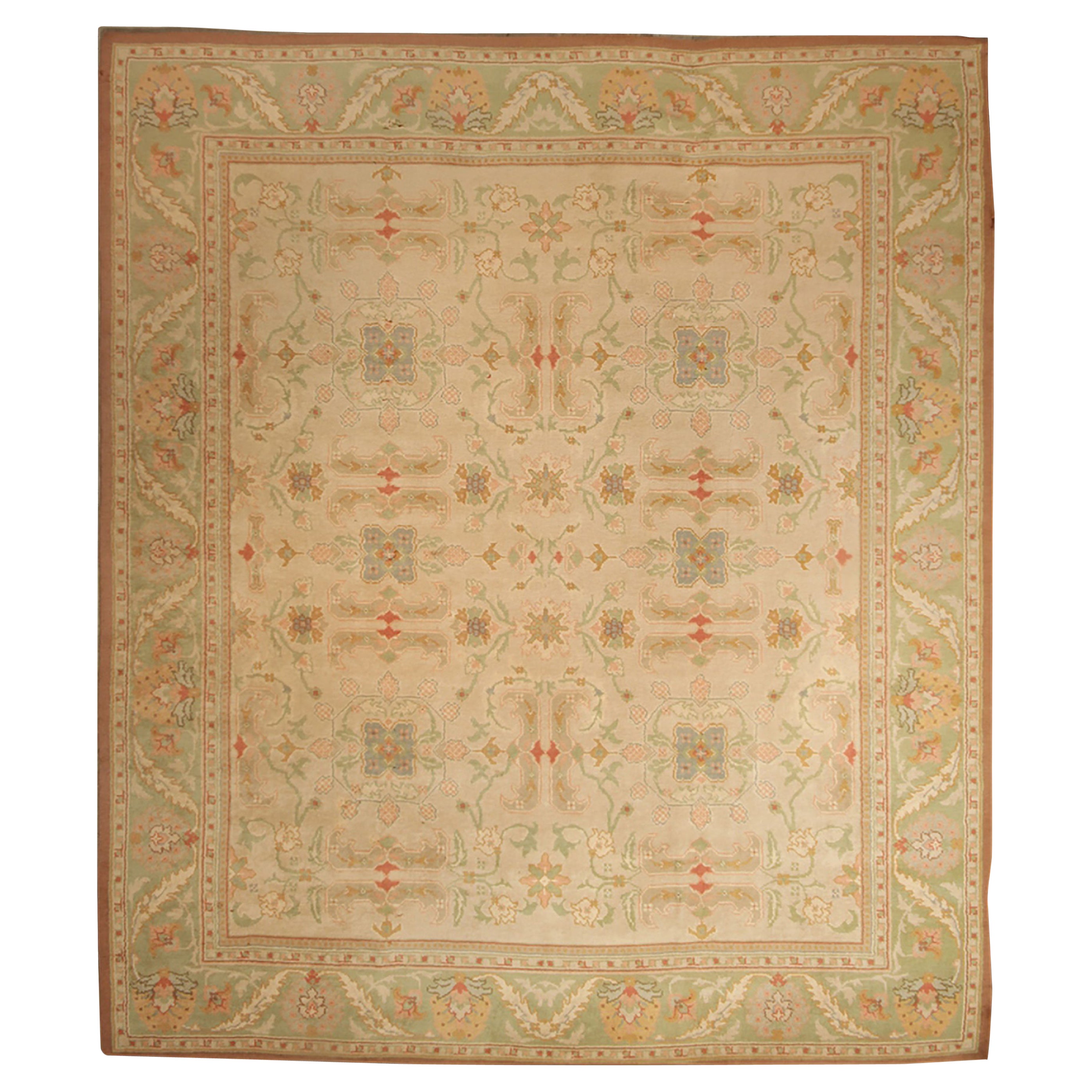 Oversized Vintage Oushak Rug in Beige & Green Floral Design - Rug & Kilim