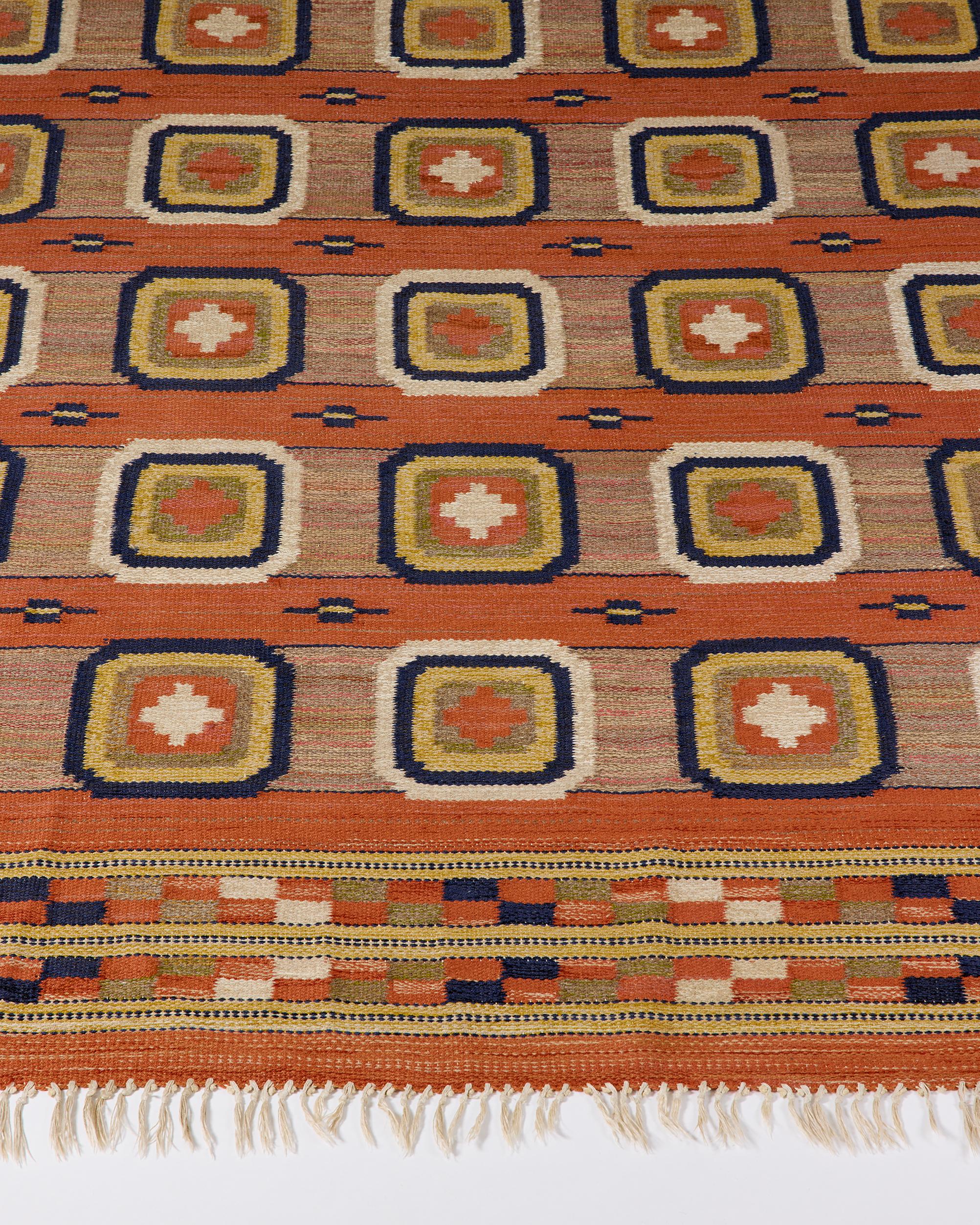 Wool Rectangular orange Swedish rug from the 1930 For Sale