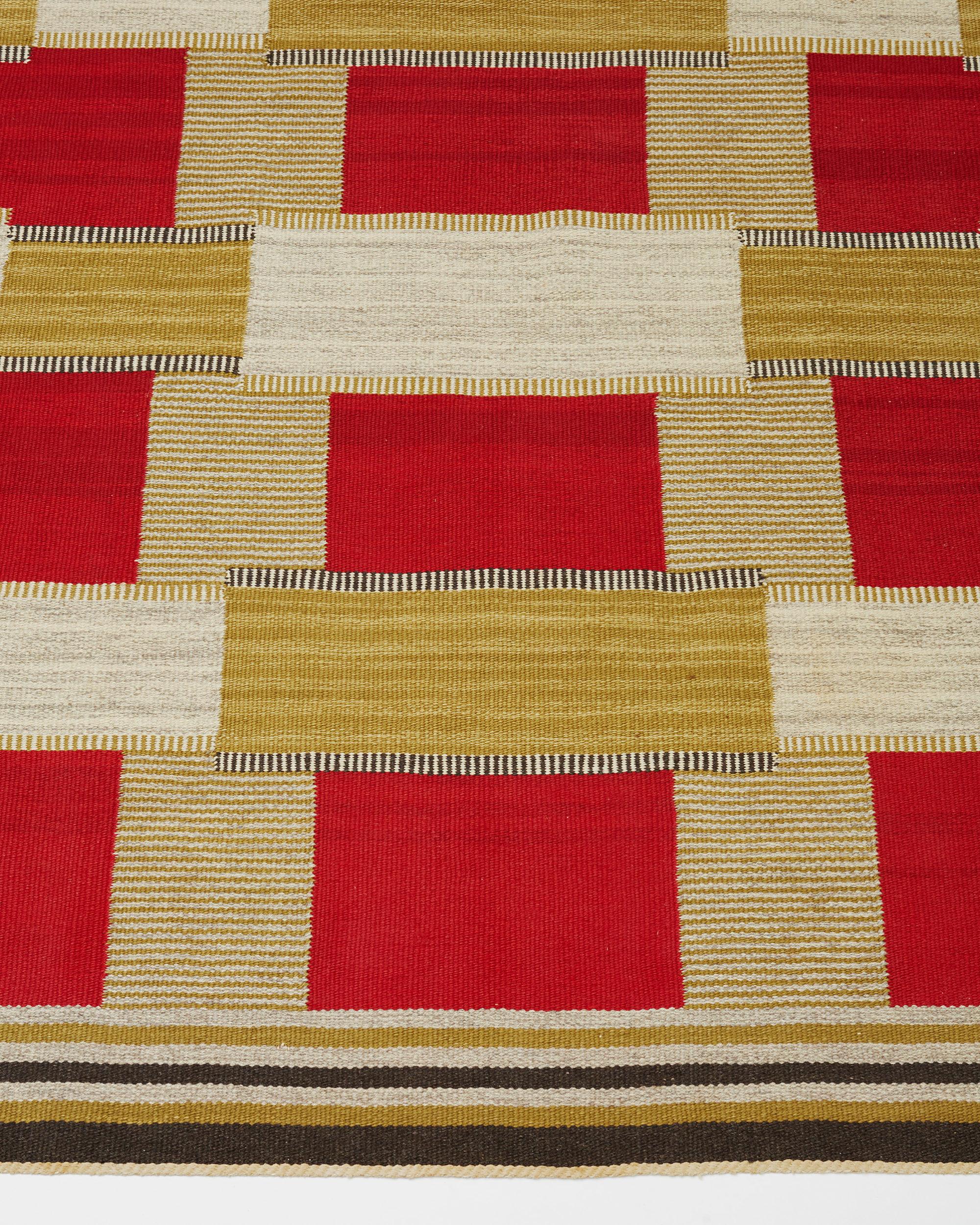 Rug, anonymous, Sweden, 1950s.
Kelim technique. Handwoven wool.

Measures: L 300 cm/ 9 10 1/2