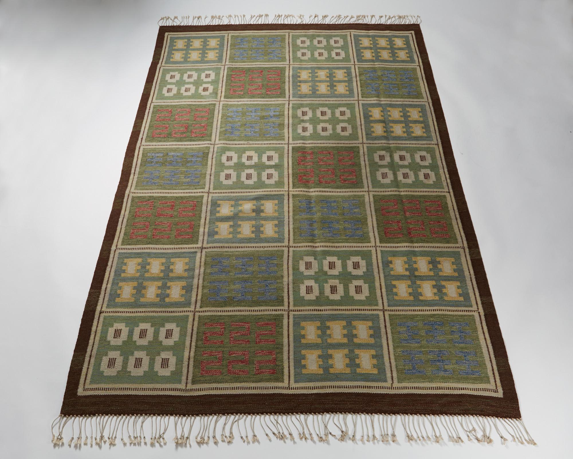 Rug anonymous. Sweden, 1950s.
Handwoven wool. Kelim technique.

L: 305 cm/ 10'
W: 208 cm/ 6' 11''