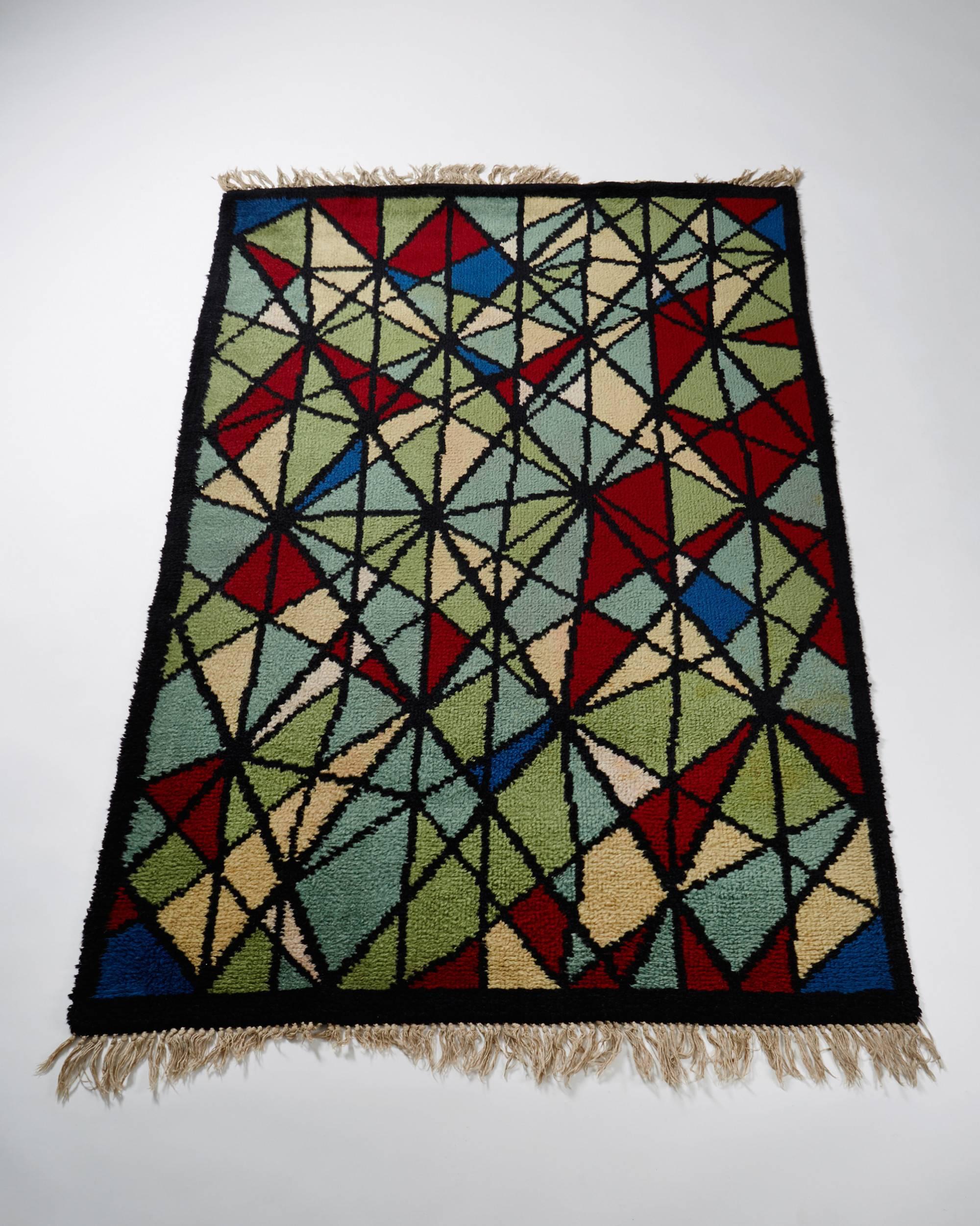 Scandinavian Modern Rug, Anonymous, Hand Woven Wool, Pile Technique, Sweden, 1950s For Sale