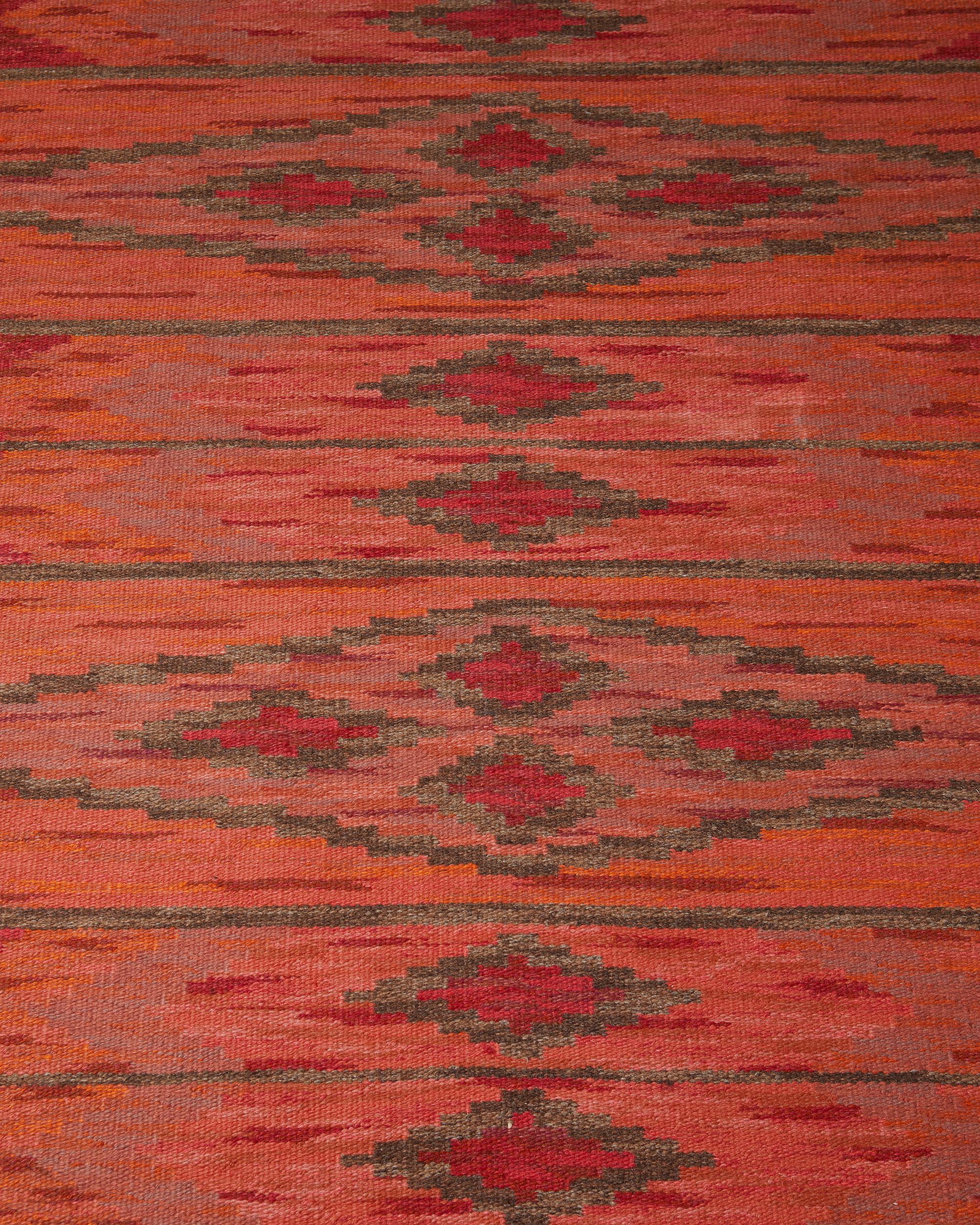 Mid-Century Modern 1950s Swedish Flat-Weave Rug – Handwoven Wool with Abstract Red Pattern For Sale