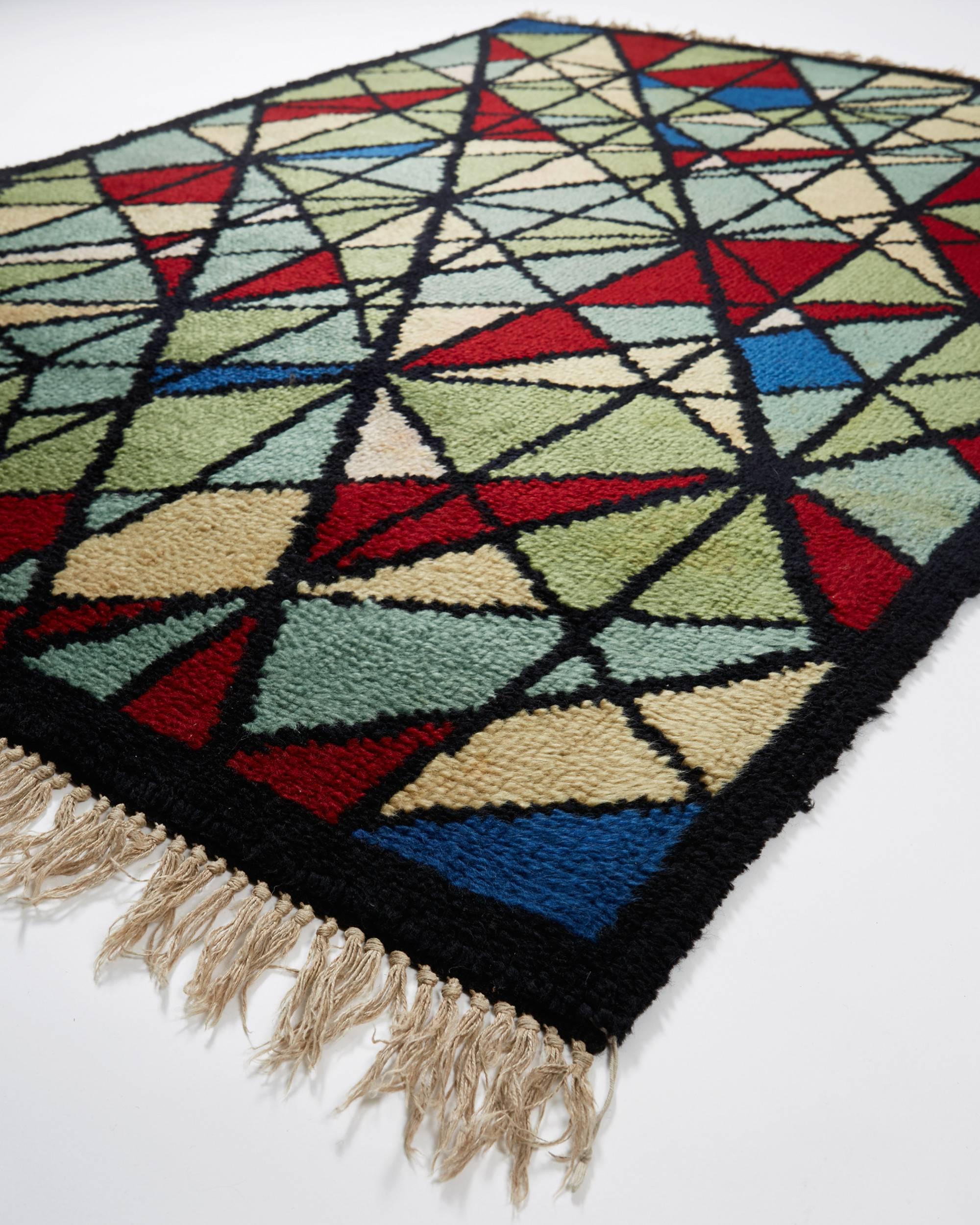 Swedish Rug, Anonymous, Hand Woven Wool, Pile Technique, Sweden, 1950s For Sale