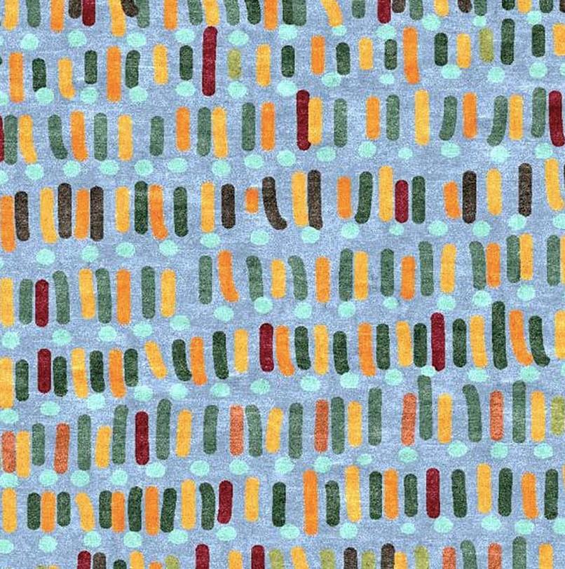 Der aus reiner tibetischer Wolle handgewebte Teppich setzt die künstlerische Vision des toskanischen Künstlers Livio Tessandori in ein farbenfrohes Design um, das Wärme und Komfort ausstrahlt. Bunte, unregelmäßige Linien und azurblaue Punkte bilden