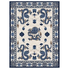 Rug Chinoiserie Natural Wool Silk, Temple Ceremony Chinese Blue, in Stock