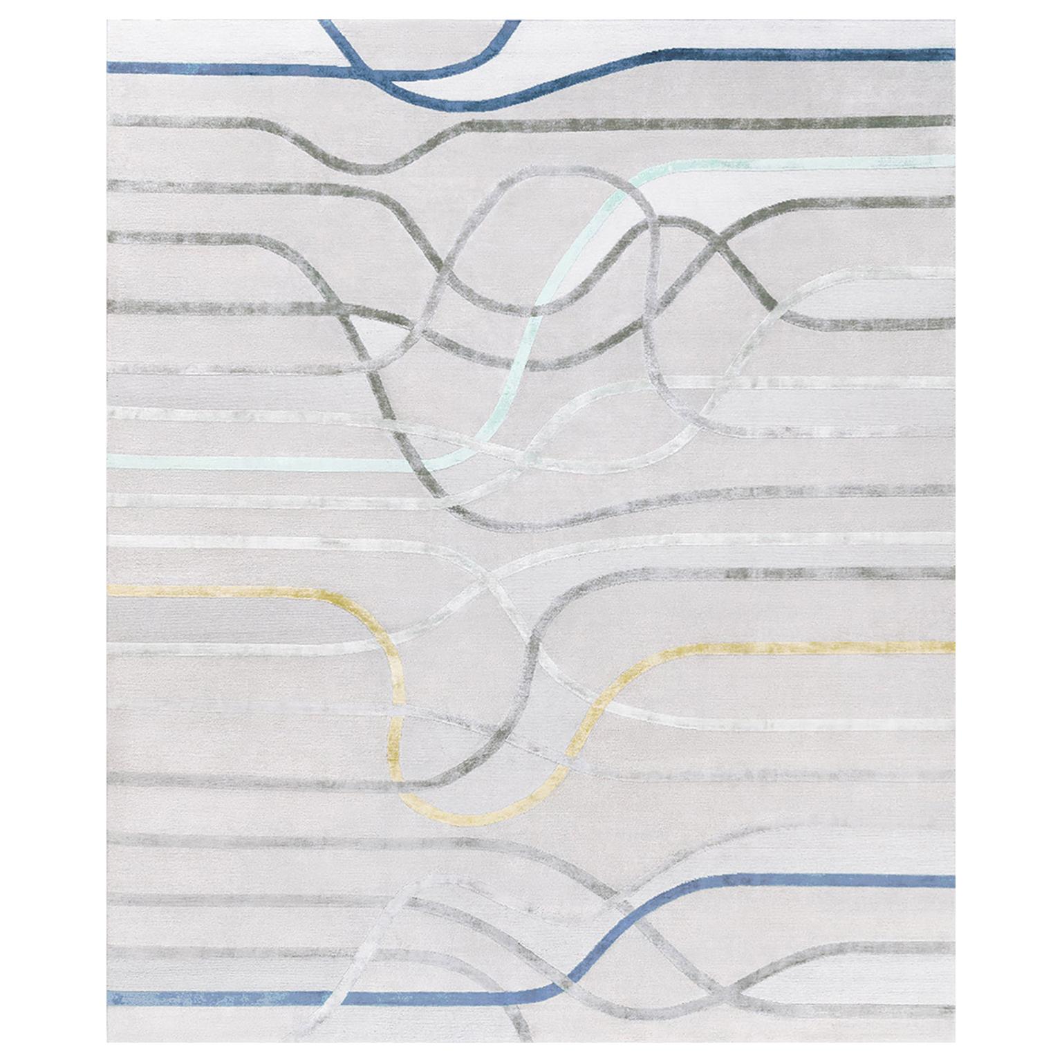Rug Colorful Abstract Handmade Wool Silk Modern, La Seine l'Apres-Midi, in stock For Sale