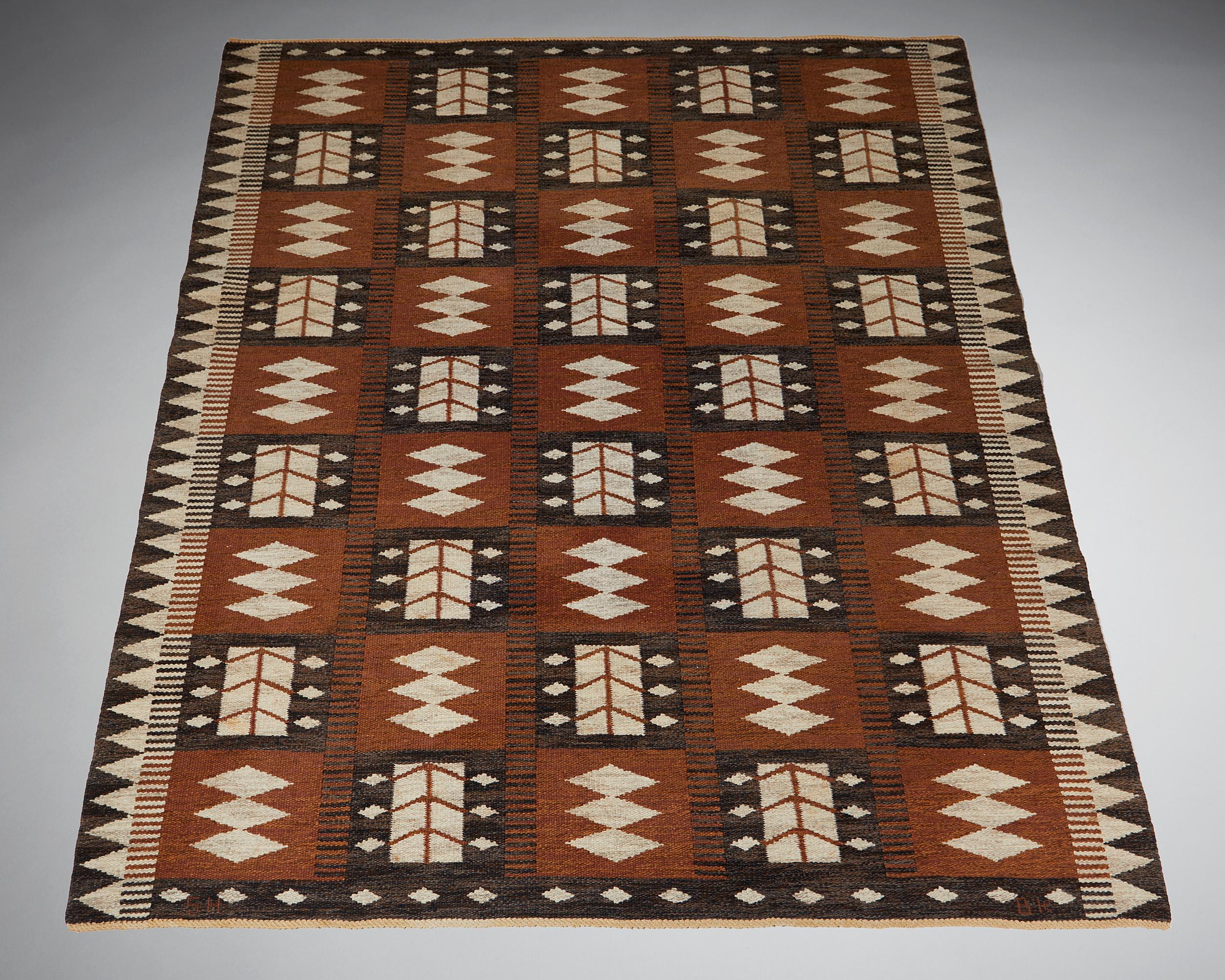 Rug designed by Berit Koenig,
Sweden, 1950s.

Flat weave.

Signed ‘BK SH’

Measurements: 
L: 240 cm / 7’ 10 1/2