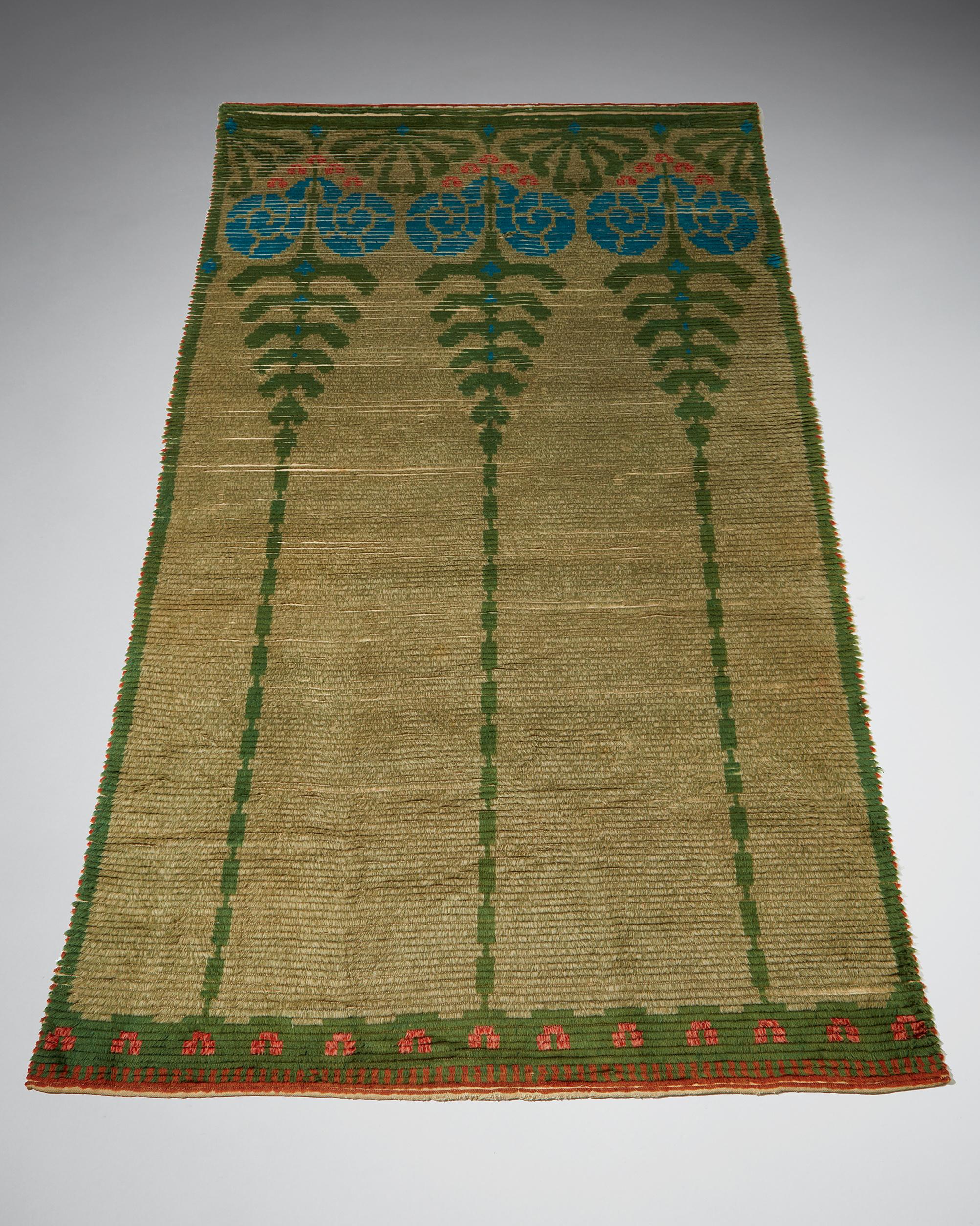 Rug designed by Emma Salzman,
Finland, early 1900's.

Rya technique. Handwoven wool.

Measurements:
H: 349 cm/ 11' 5 7/16