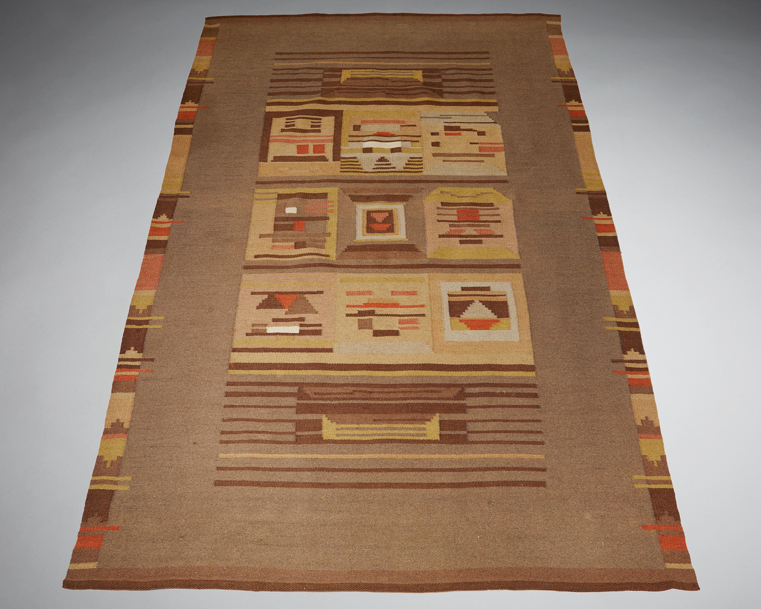 Rug, designed by Impi Sotavalta,
Finland, 1930s. 

Flat weave rug.

Dimensions:
L: 299 cm / 9’ 9 1/4’’
W: 190 cm / 6’ 2 3/4’’