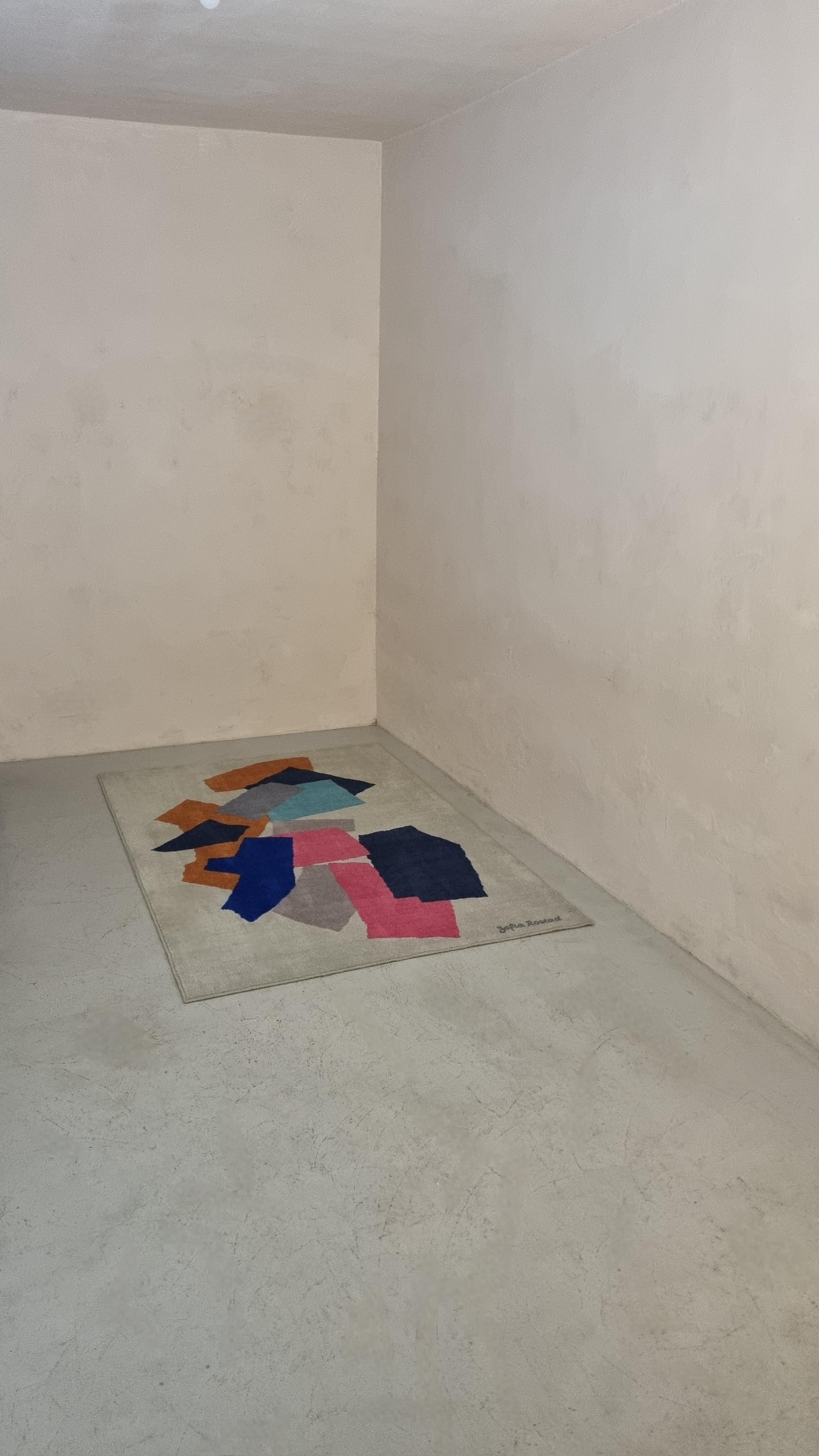 Grande tappeto d' arte con fantasie geometriche colorate disegnato da Sofia Rostad per Louis De Poortere , anni 70.
Composizione: 100% poliammide, made in Belgio.
Condizioni eccellenti,  nei toni del bianco, blu, arancione e rosa, pelo