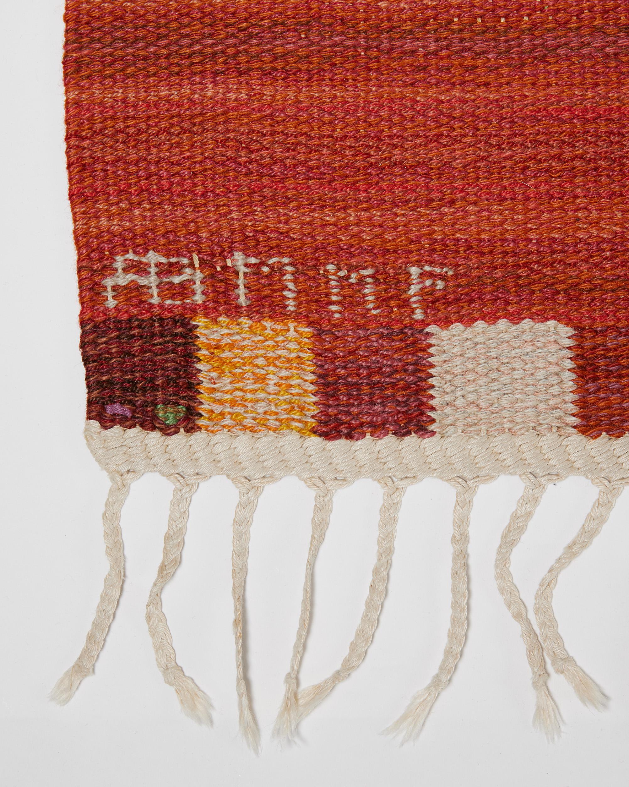 Swedish Rug ‘Façade, Orange, Red’ Designed by Marianne Richter for MMF, Sweden, 1950s For Sale