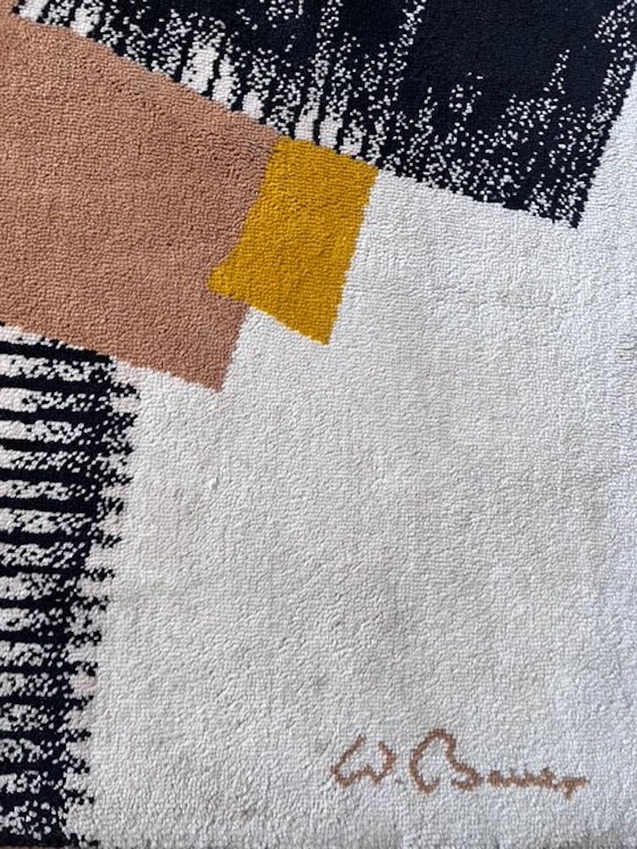 Rare Wolf Bauer for Art Decor Art Deco Rug 

This exceptional Wolf Bauer for Art Decor rug embodies the bold, modernist aesthetic of the Art Deco and Bauhaus movements, featuring a striking geometric and asymmetrical design that reflects the
