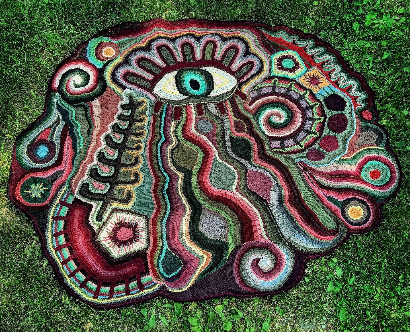 Ucraino Tappeto fatto a mano Psychedelic Eye Abstract Boho Art Carpet 220×190 cm in vendita