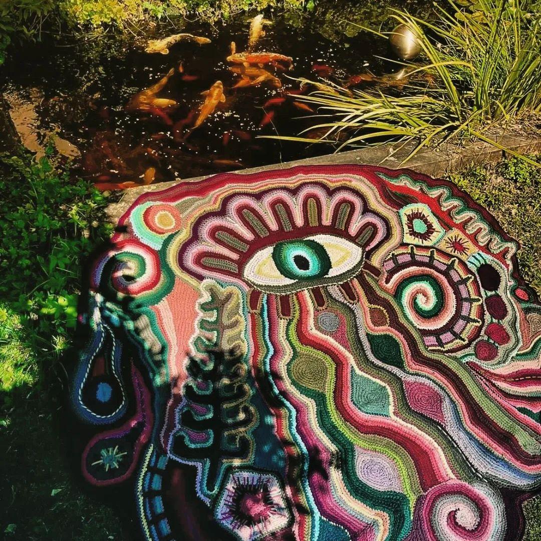 Annodato a mano Tappeto fatto a mano Psychedelic Eye Abstract Boho Art Carpet 220×190 cm in vendita