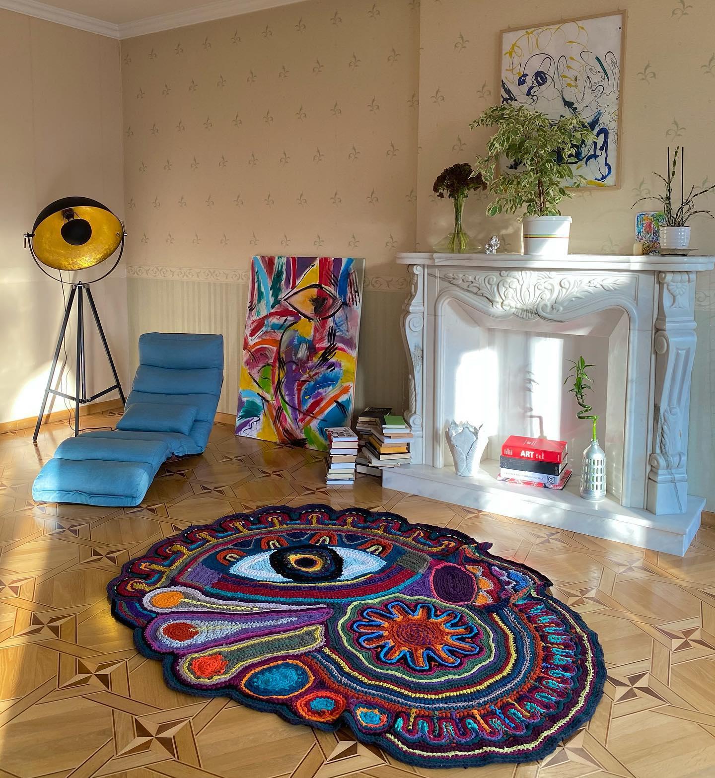 Arte popolare Tappeto fatto a mano Psychedelic Starry Eye Abstract Boho Art Carpet 220×190 cm in vendita