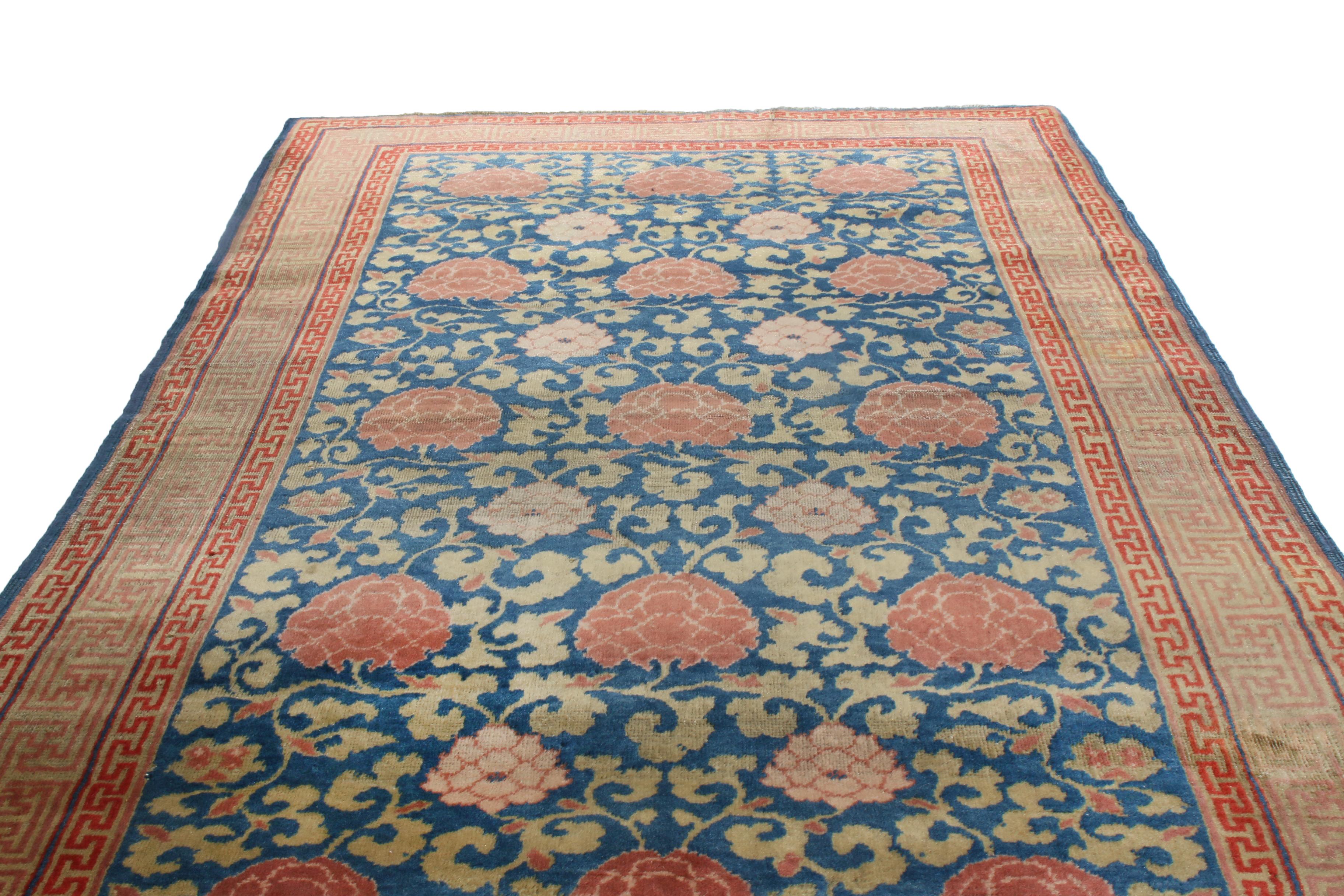 Originating from East Turkestan between 1900-1920, this antique transitional Samarkand wool rug features a distinct, uncommon mirrored series of borders, complementing a finely drawn field design. Hand knotted in high-quality wool, the elegant