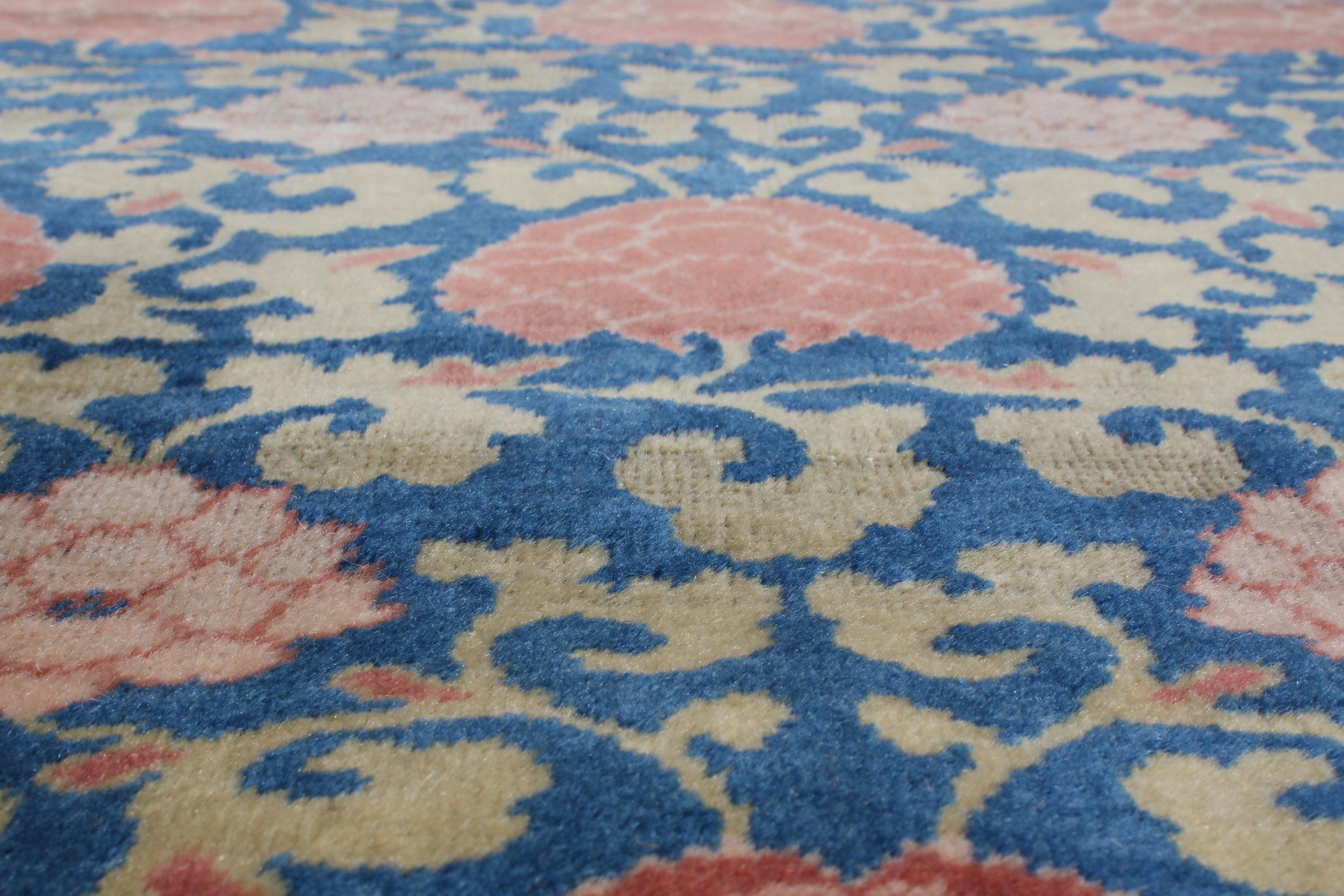 Hand-Knotted Antique Khotan Samarkand Transitional in Blue and Red Floral