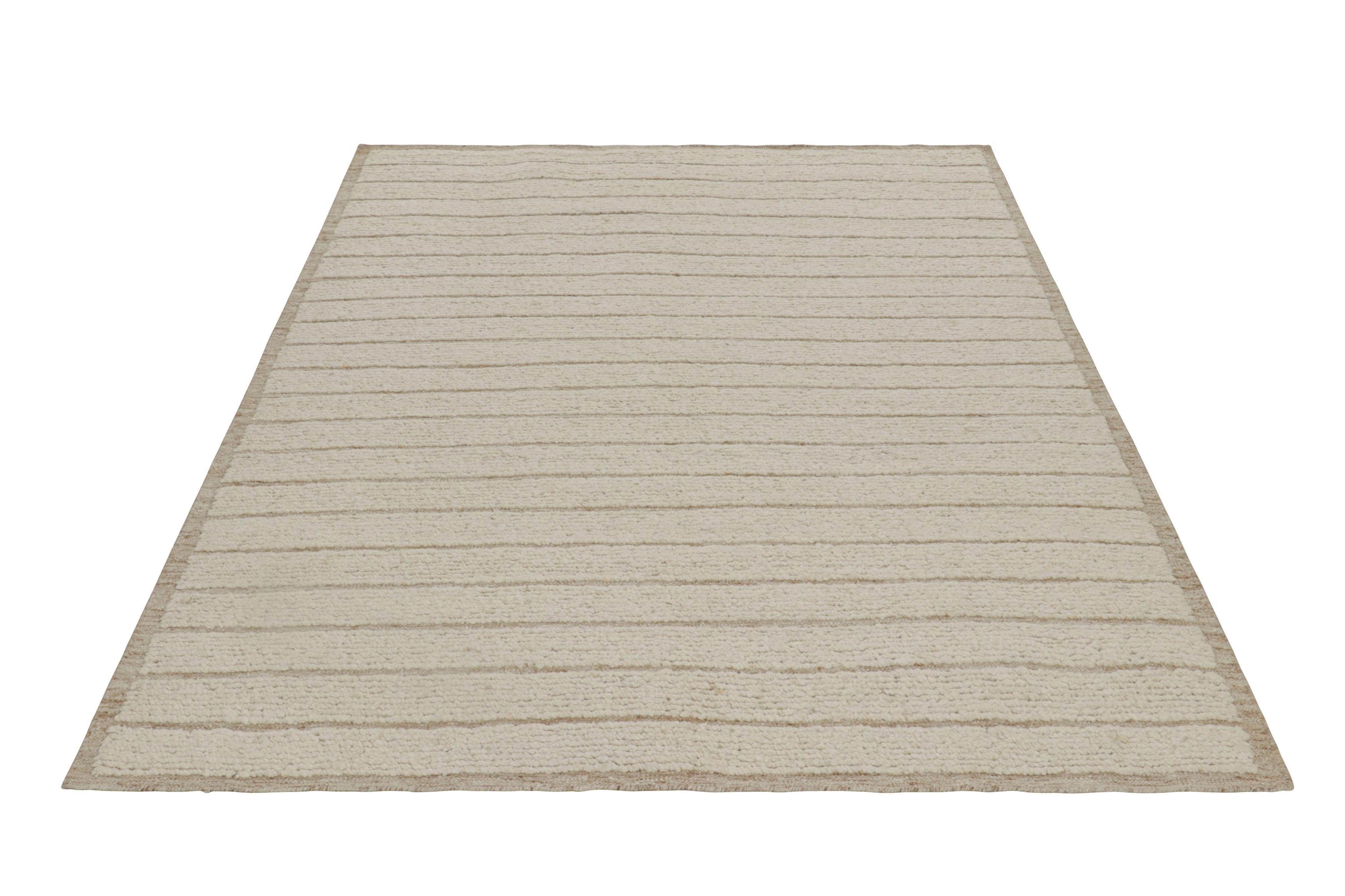 Indian Rug & Kilim Contemporary Textural Rug in Cream and Beige with High-Low Stripes For Sale