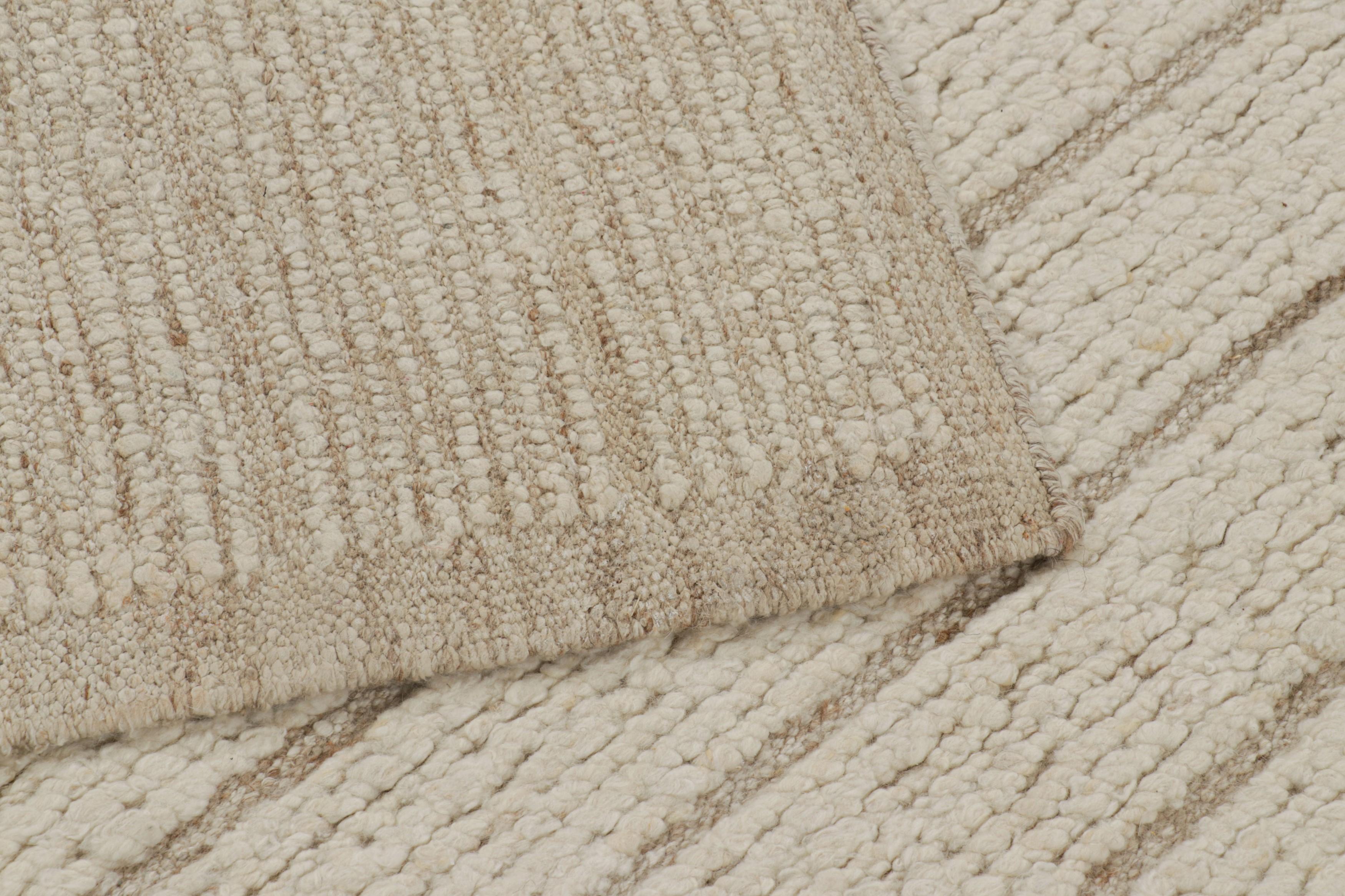 Wool Rug & Kilim Contemporary Textural Rug in Cream and Beige with High-Low Stripes For Sale