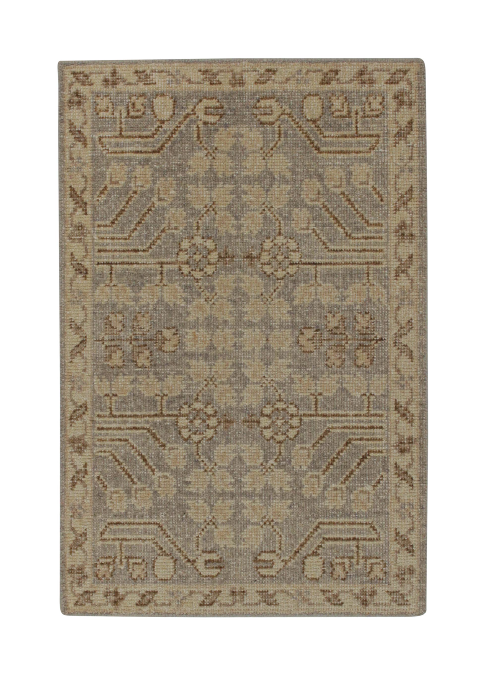 Hand-knotted in wool, a distressed style rug from the gift-sized additions to Rug & Kilim’s Homage Collection. 

The design draws on antique Khotan rug aesthetics in rustic beige-brown and gray, sitting naturally in the distressed texture.