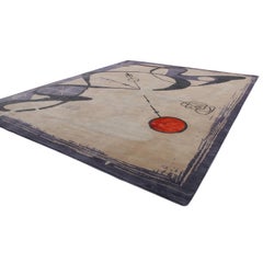 Rug & Kilim Mid-Century Modern Pictorial Beige Black and Blue Wool and Silk Rug