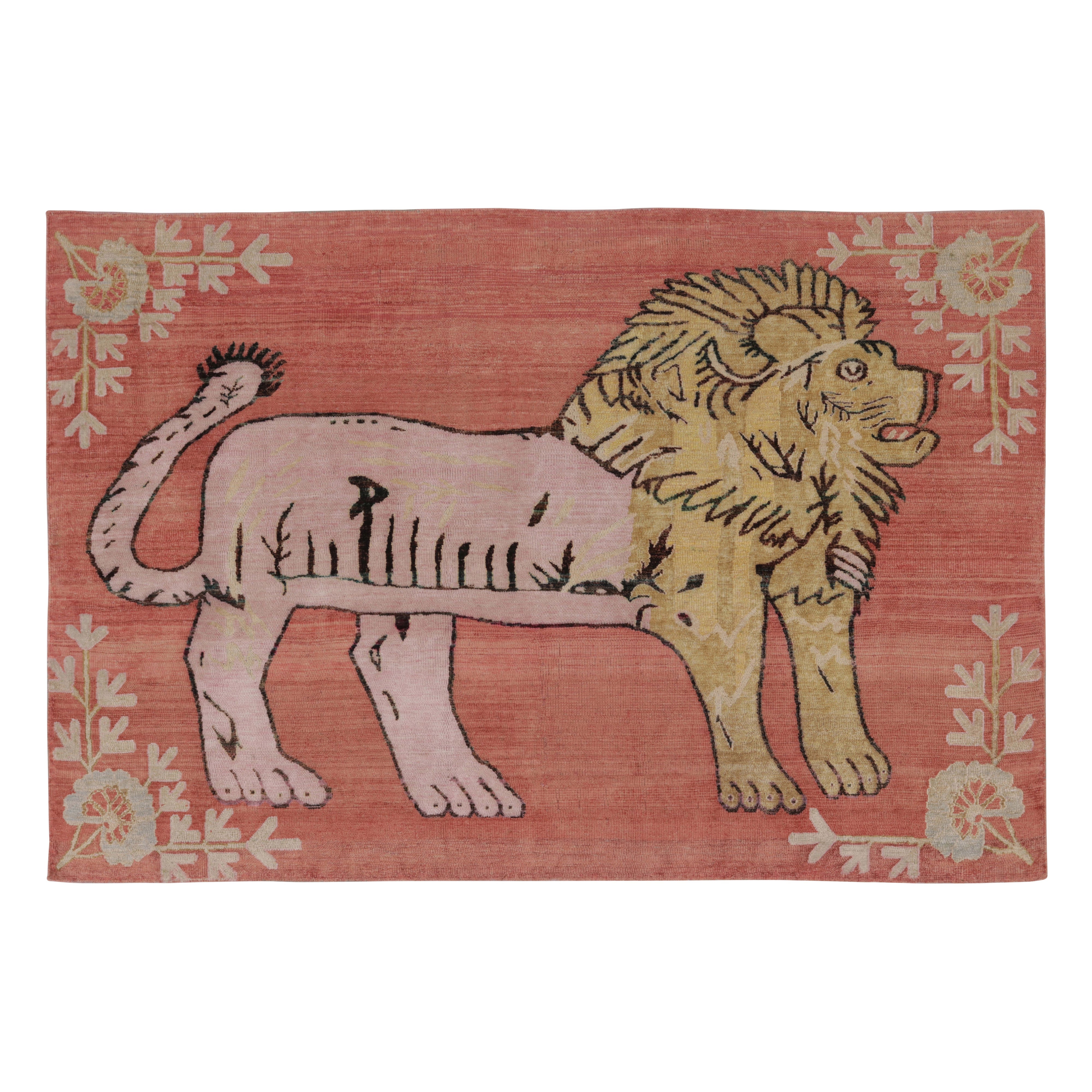 Rug 
Kilim Modern Persian Gabbeh Inspired Rug in Coral and Gold Lion Pictorial For Sale